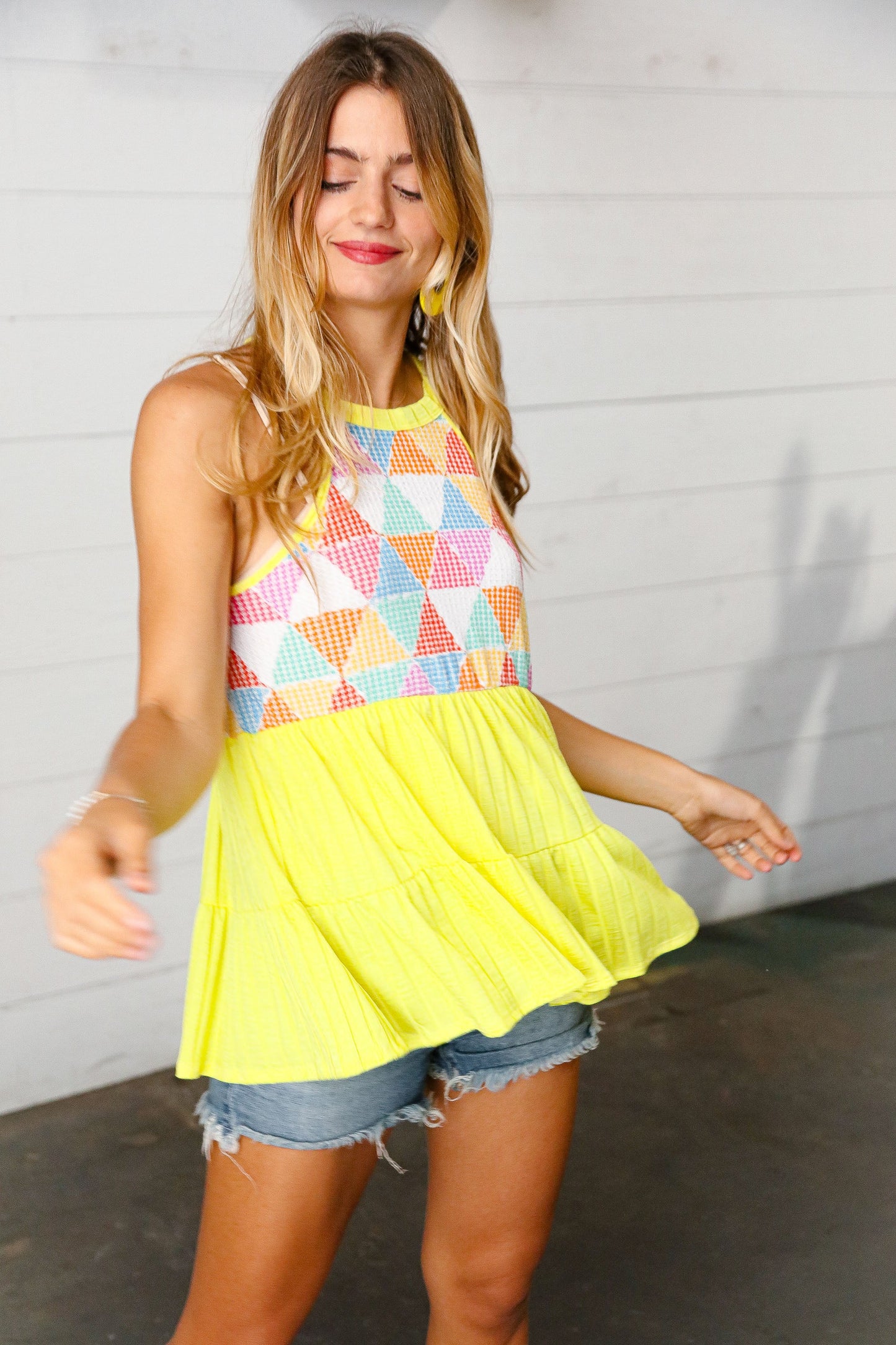 Yellow Geometric Knit Babydoll Halter Top