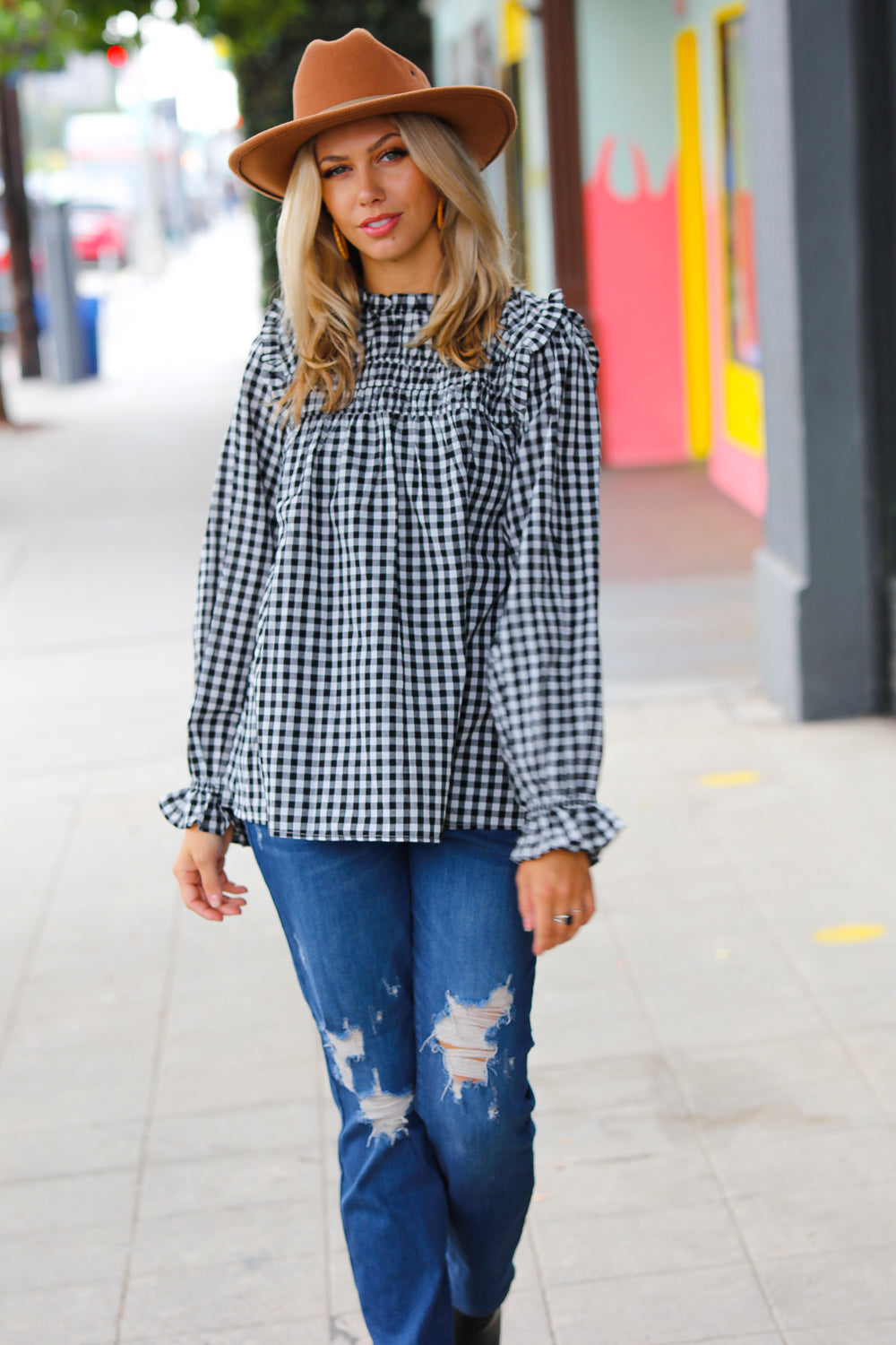 Black Gingham Shirred Yoke Mock Neck Frilled Top