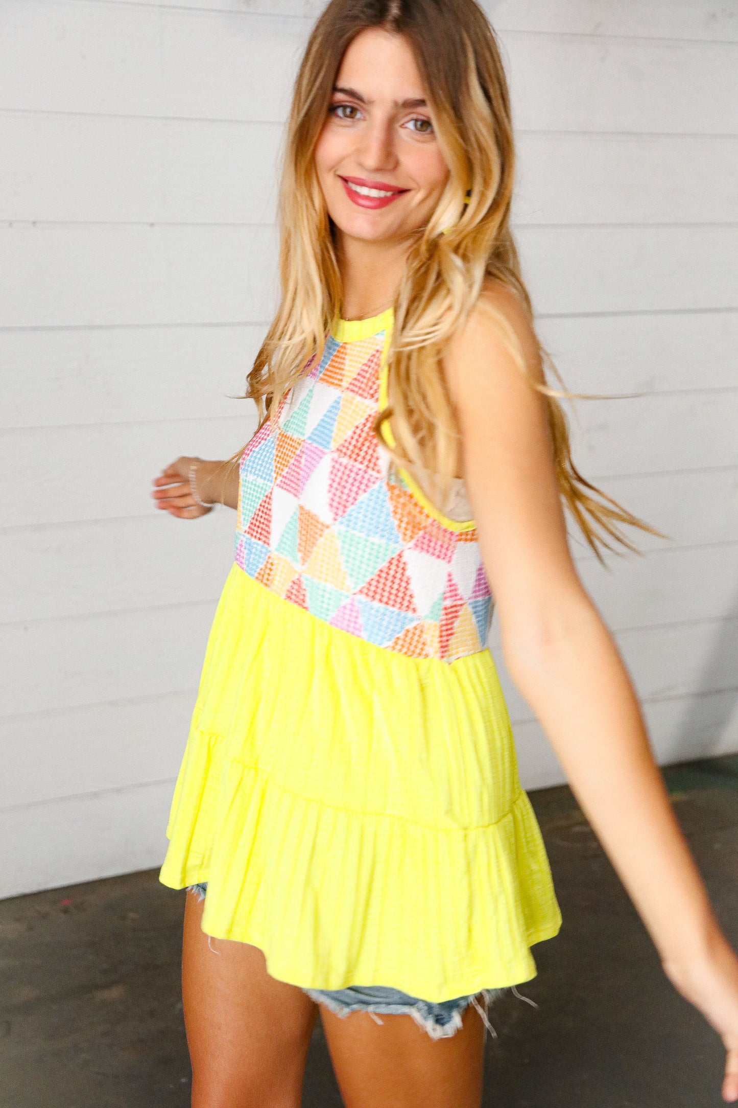 Yellow Geometric Knit Babydoll Halter Top