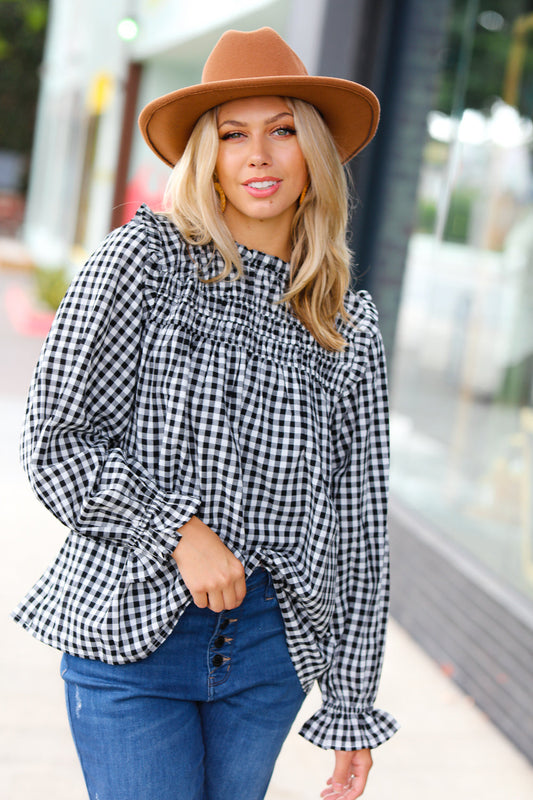 Black Gingham Shirred Mock Neck Blouse Top