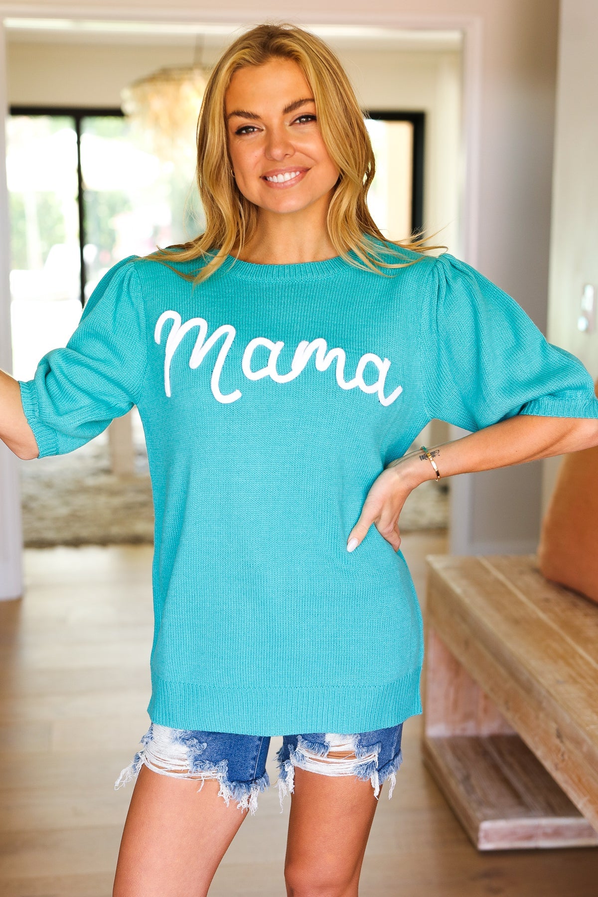 Mint "Mama" Embroidery Puff Sleeve Sweater Top