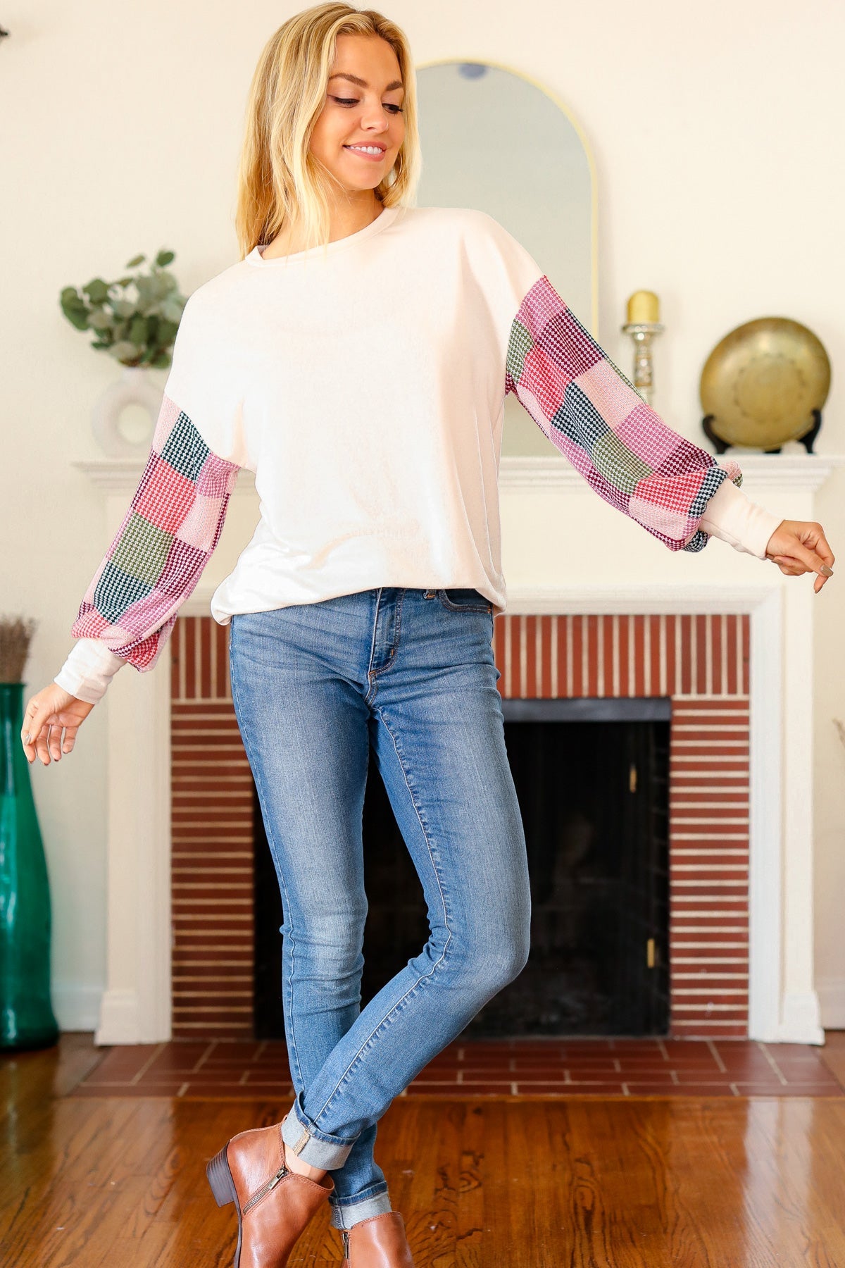 Cream Checker Textured Knit Bubble Sleeve Top