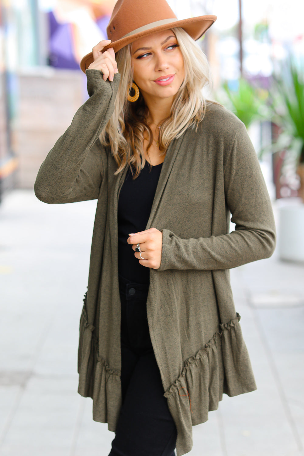 Face the Day Olive Green Two-Tone Ruffle Cardigan