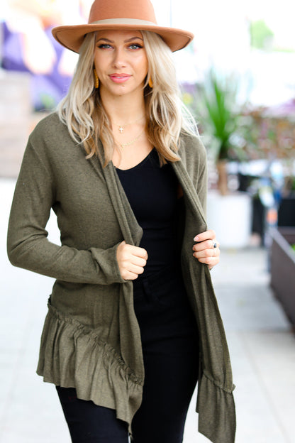 Face the Day Olive Green Two-Tone Ruffle Cardigan