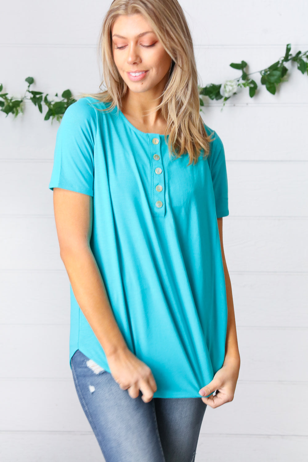 Sky Blue Short Sleeve Dolphin Hem Shell Button Top