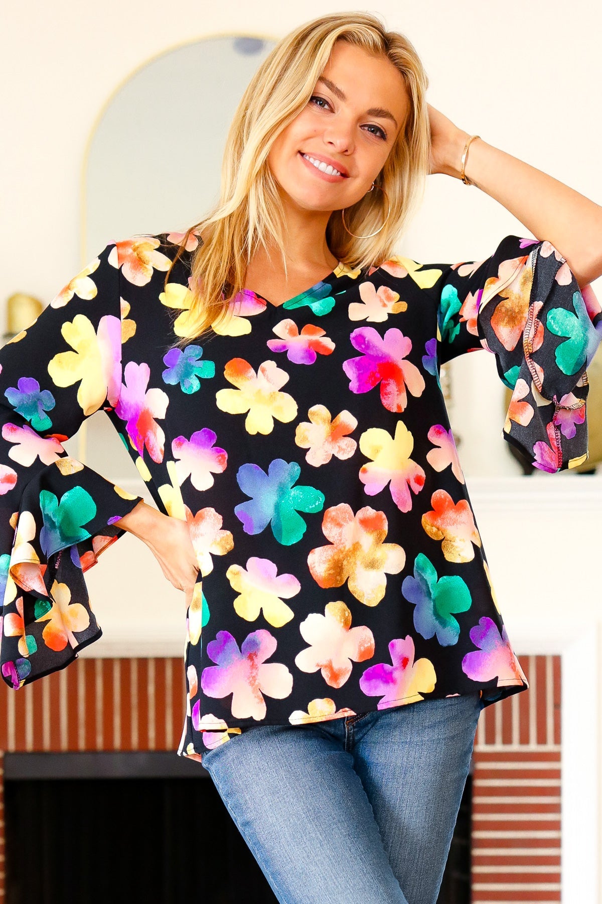 Black Floral Hi-Lo Ruffle Sleeve Woven Top