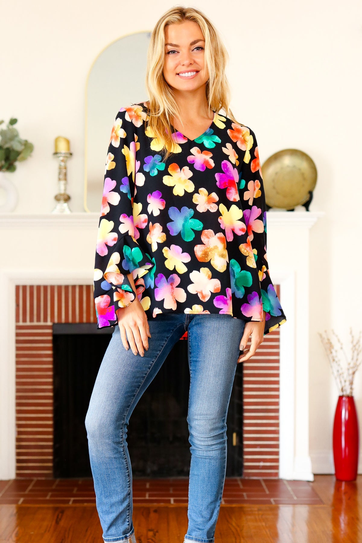 Black Floral Hi-Lo Ruffle Sleeve Woven Top