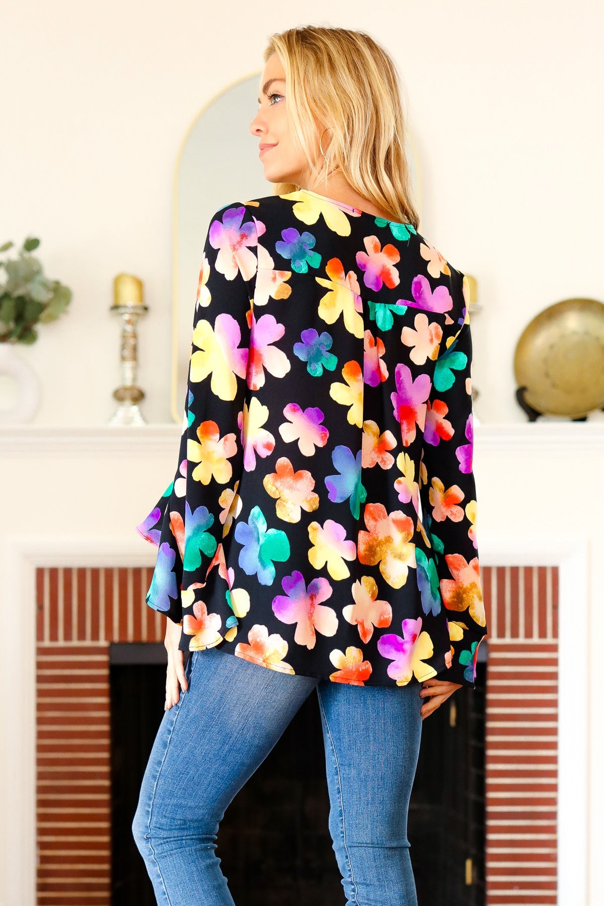 Black Floral Hi-Lo Ruffle Sleeve Woven Top