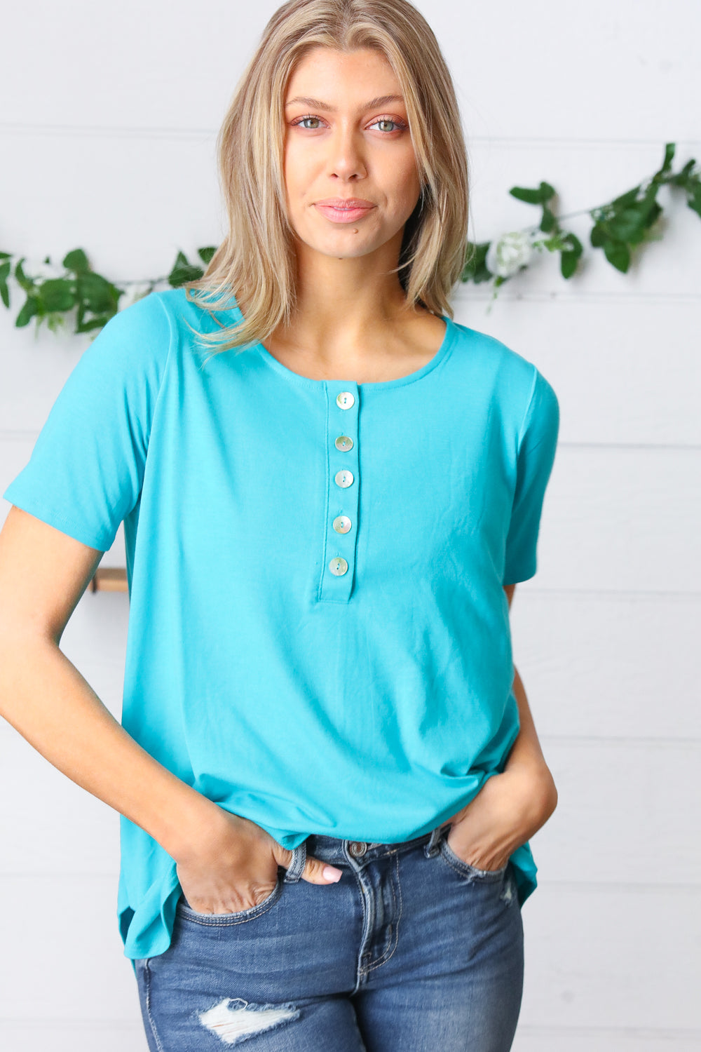 Sky Blue Short Sleeve Dolphin Hem Shell Button Top