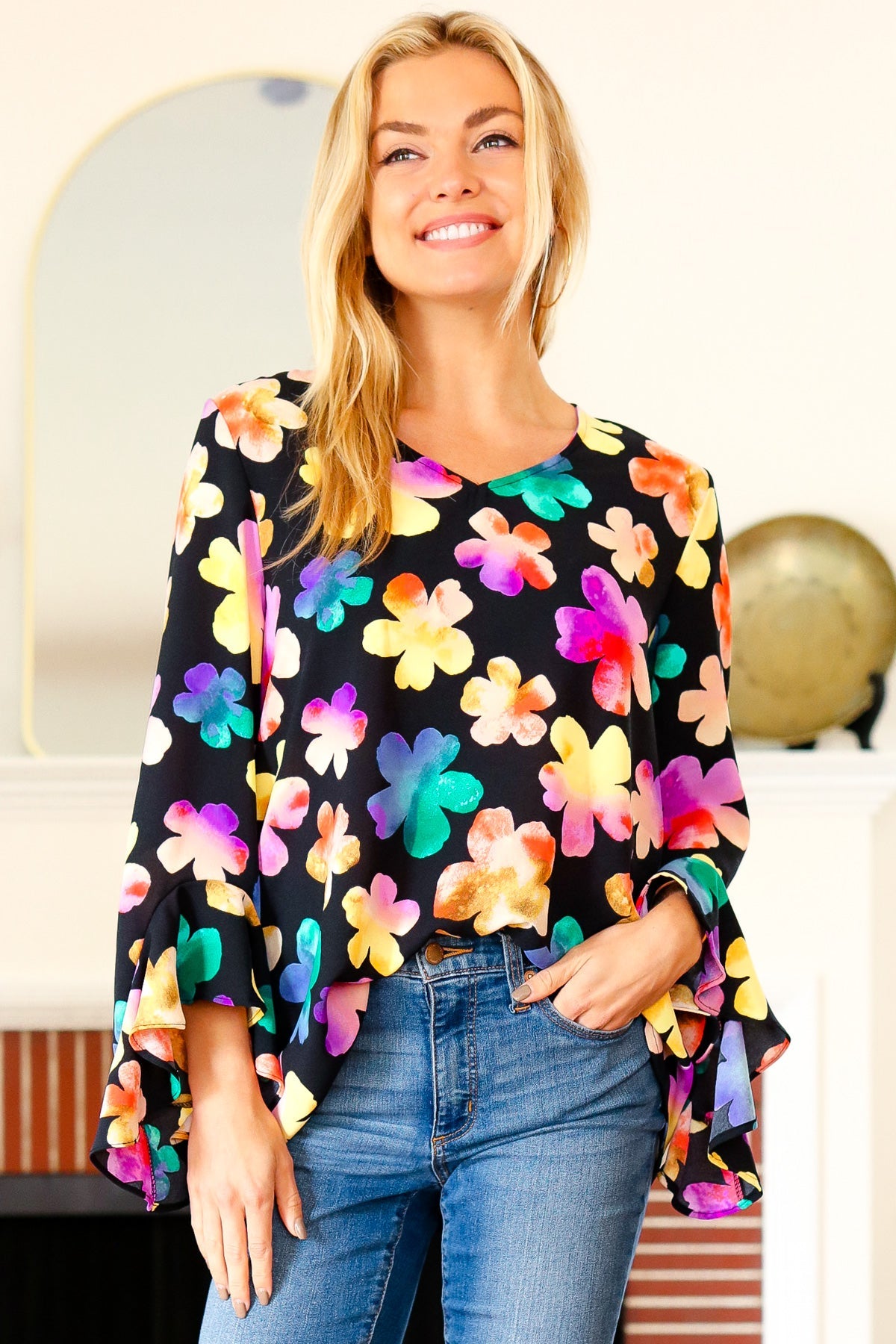 Black Floral Hi-Lo Ruffle Sleeve Woven Top