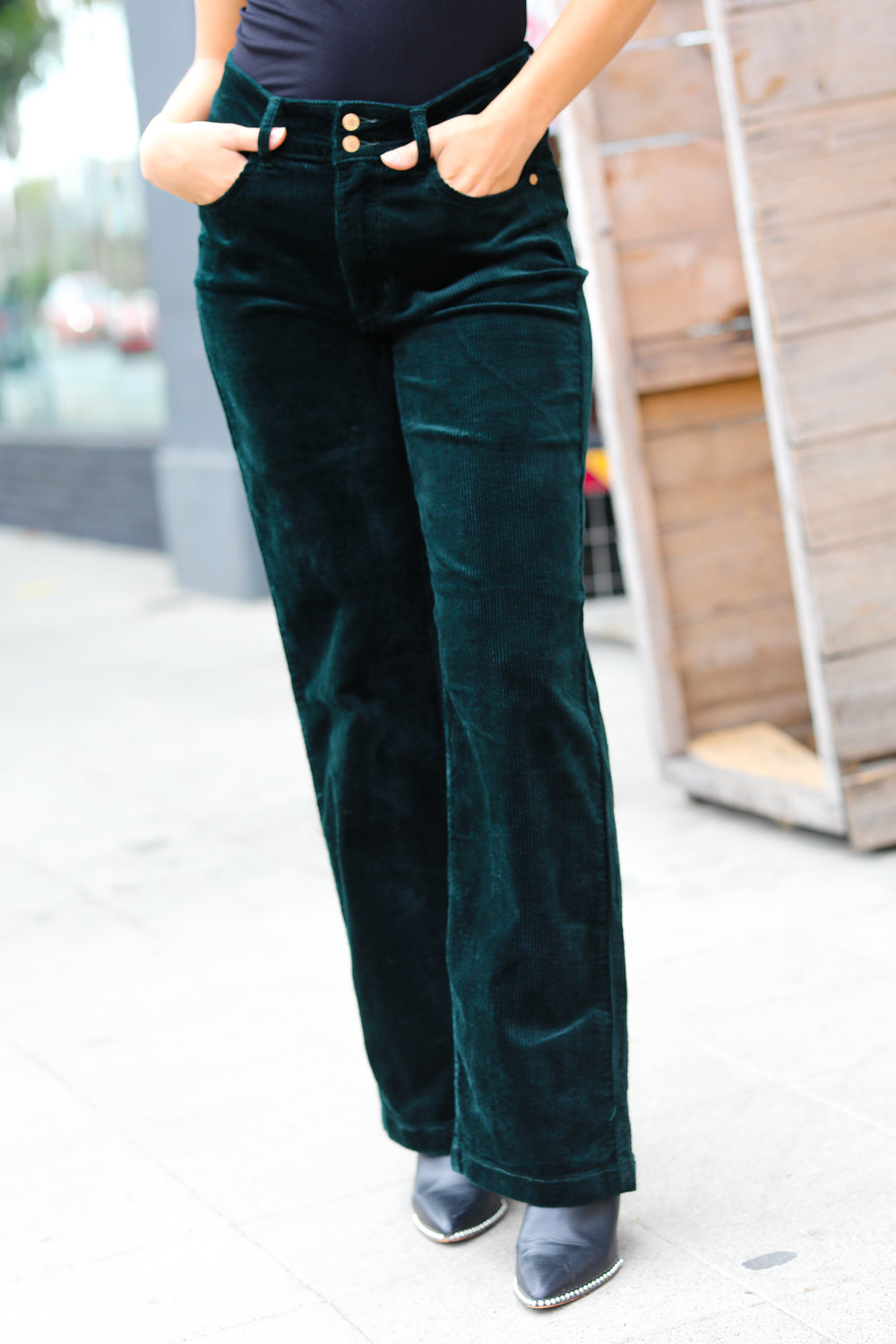 Emerald Green Corduroy High Rise Wide Leg Pants