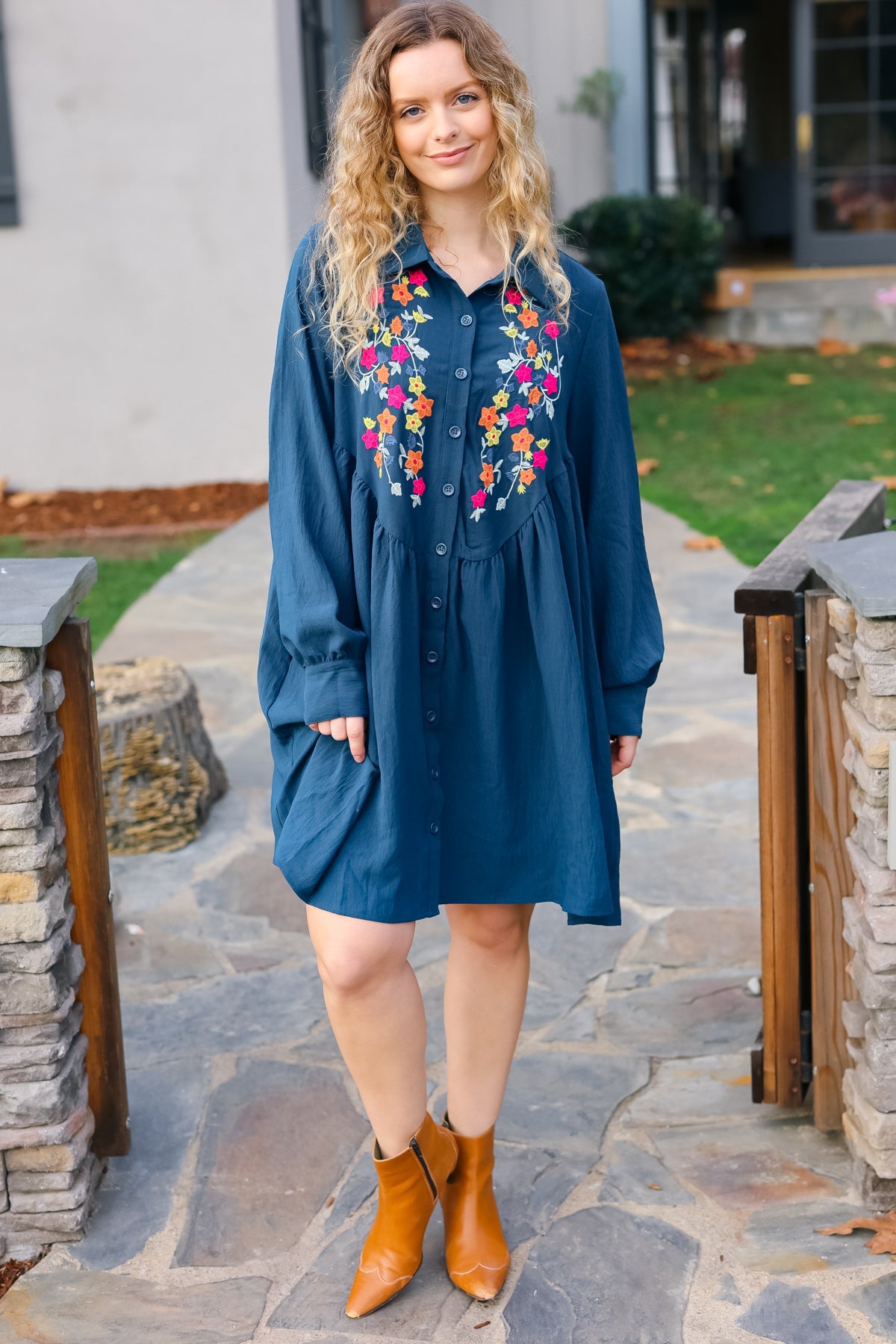 FINAL SALE - Navy Floral Embroidered Button Down Long Sleeve Dress