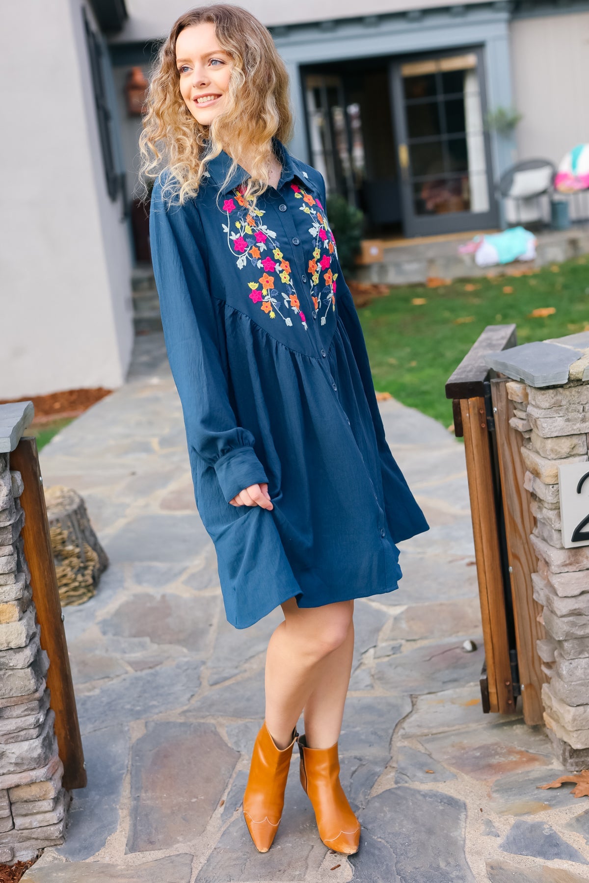 Navy Floral Embroidered Button Down Long Sleeve Dress