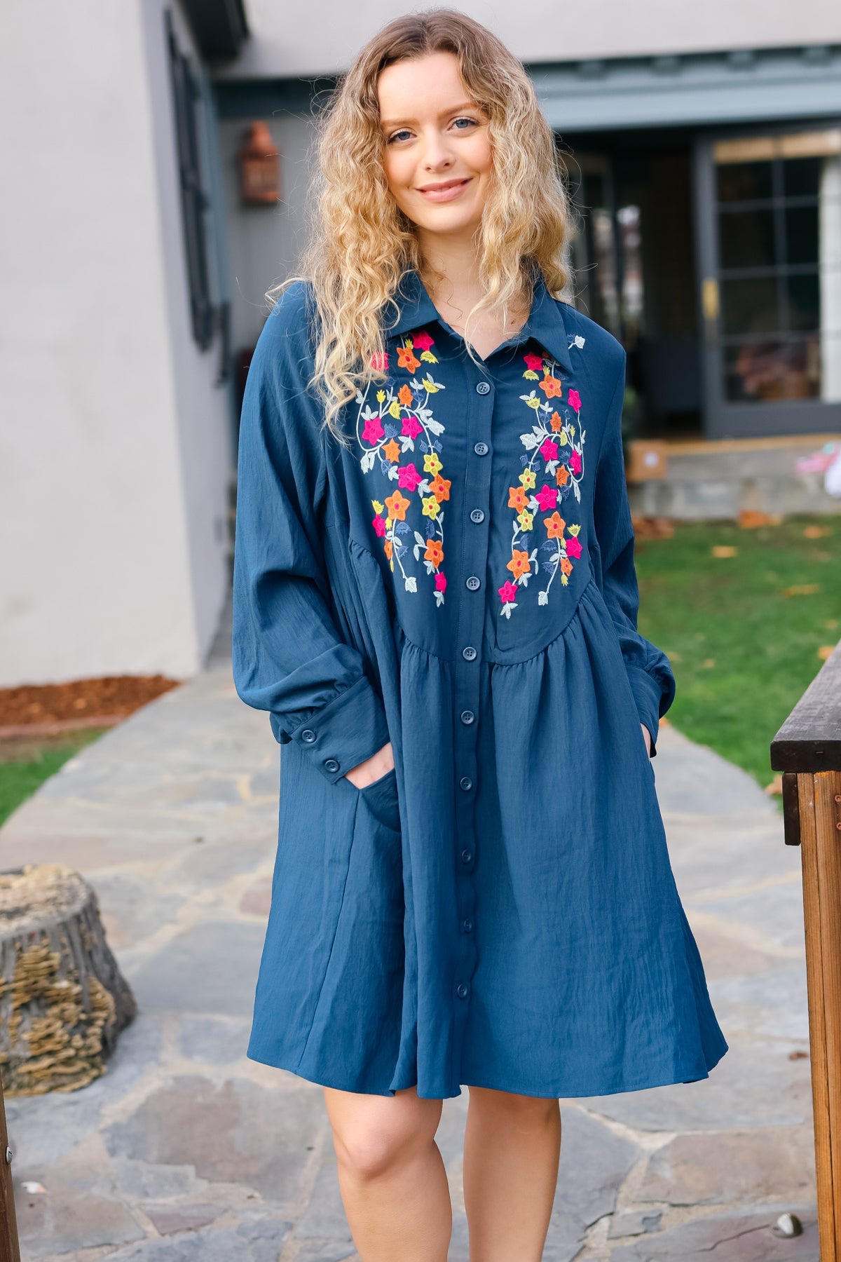 Navy Floral Embroidered Button Down Long Sleeve Dress
