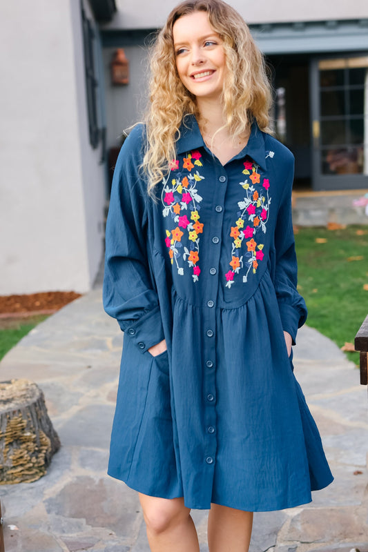 FINAL SALE - Navy Floral Embroidered Button Down Long Sleeve Dress