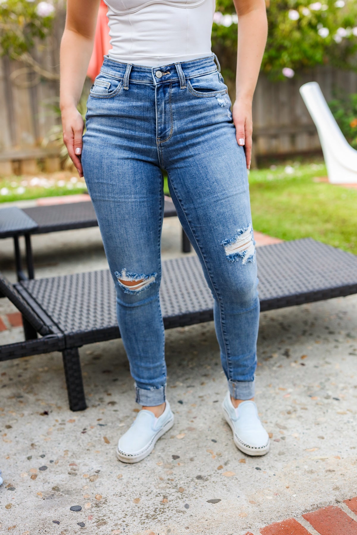 Medium Blue Mid Rise Distressed Cuffed Slim Jeans