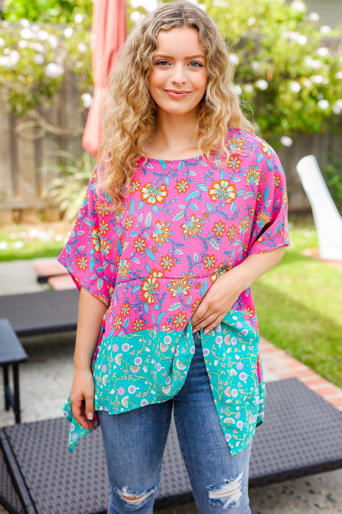 Fuchsia Paisley Floral Dolman Sleeve Shark Bite Top