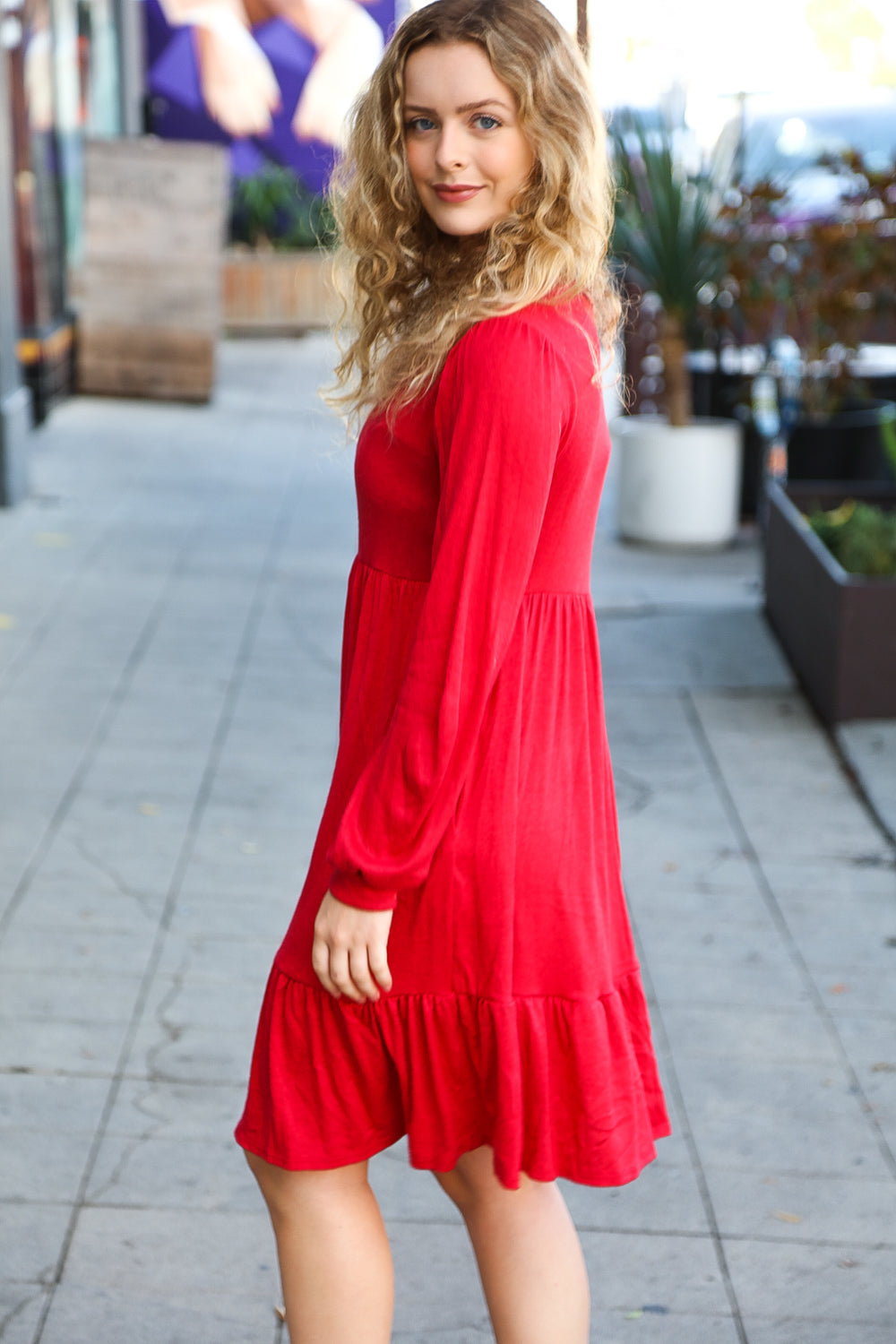 Red Hacci Fit & Flare Ruffle Dress