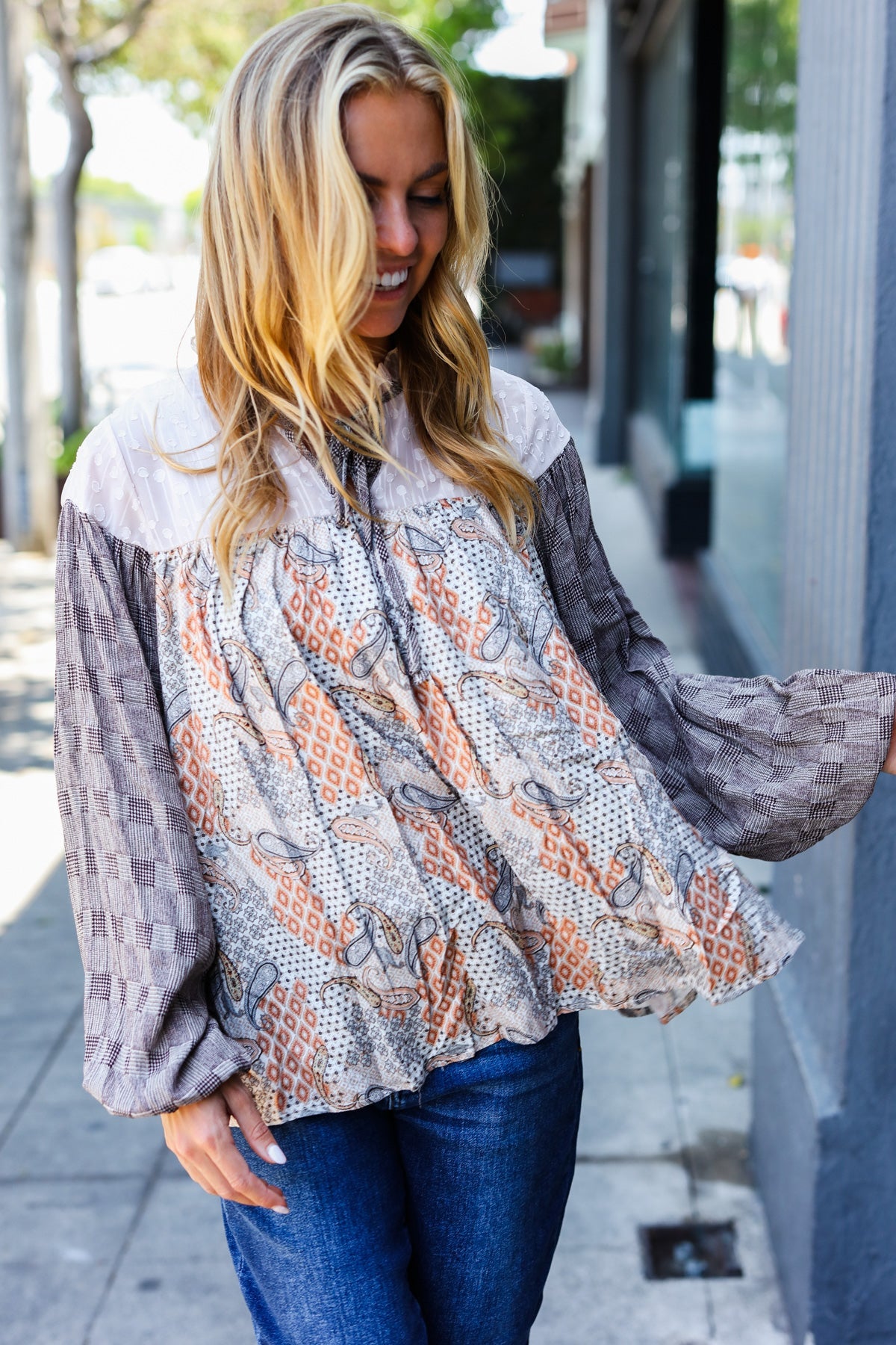 Taupe Paisley Houndstooth Mock Neck Top