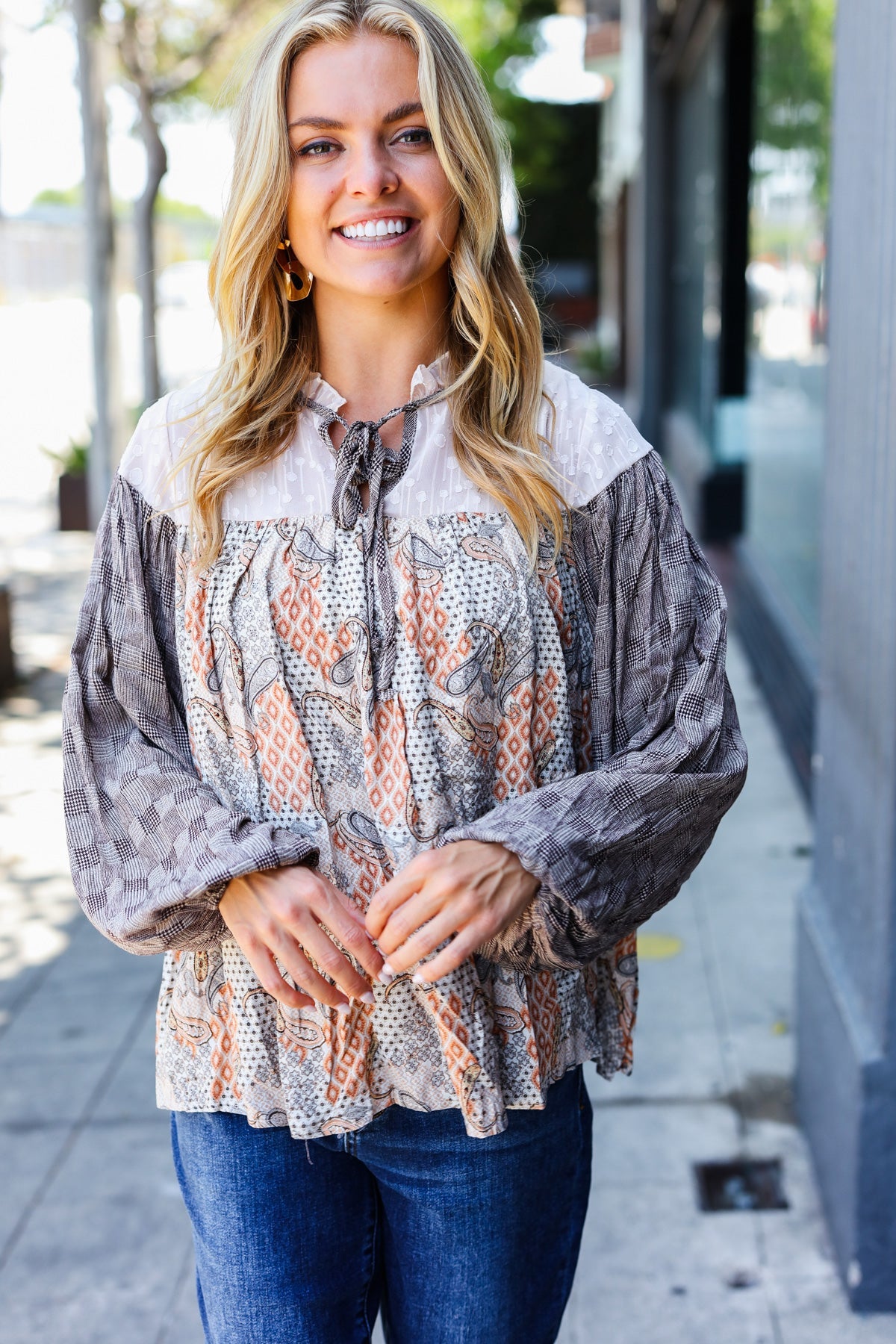 Taupe Paisley Houndstooth Mock Neck Top