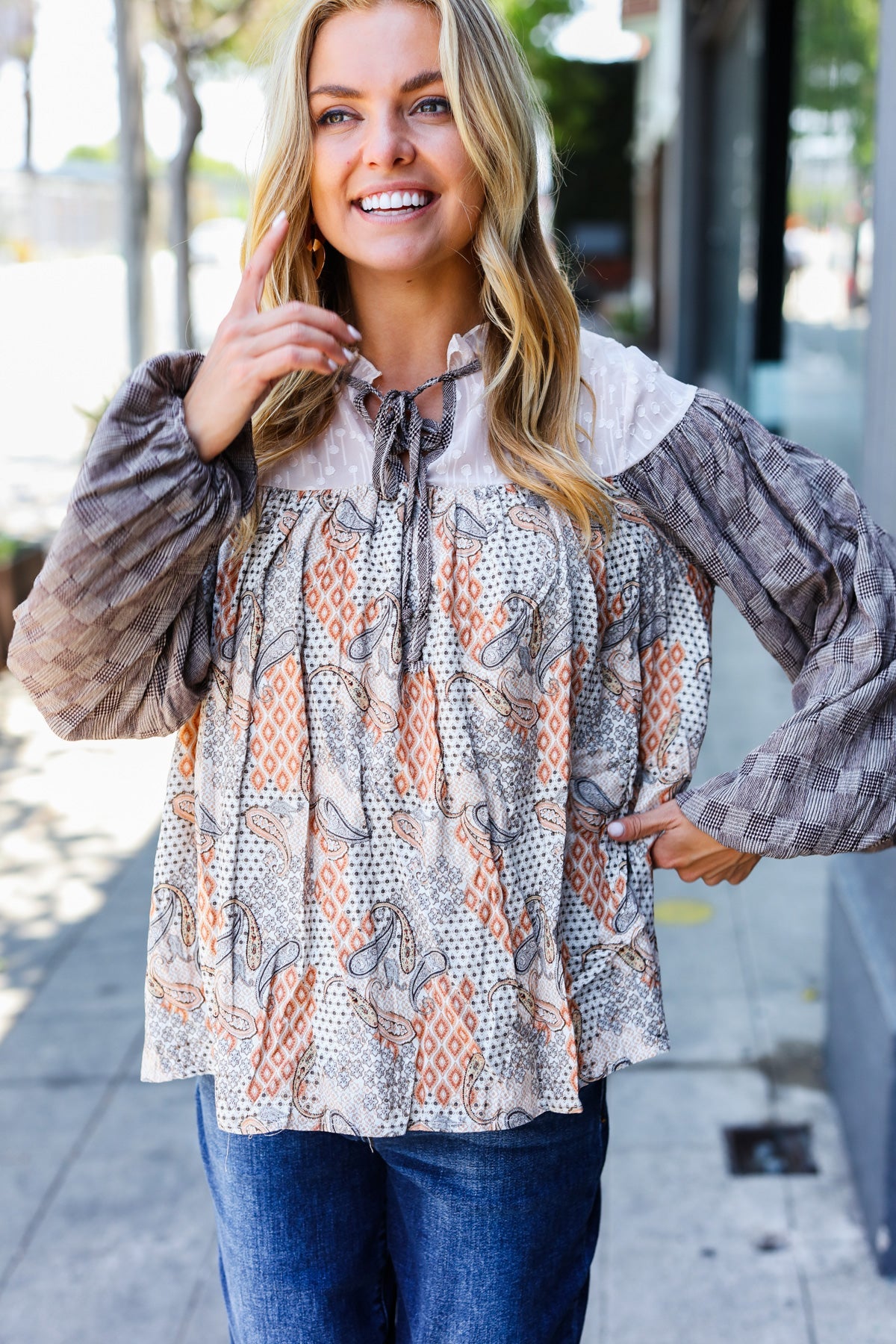 Taupe Paisley Houndstooth Mock Neck Top