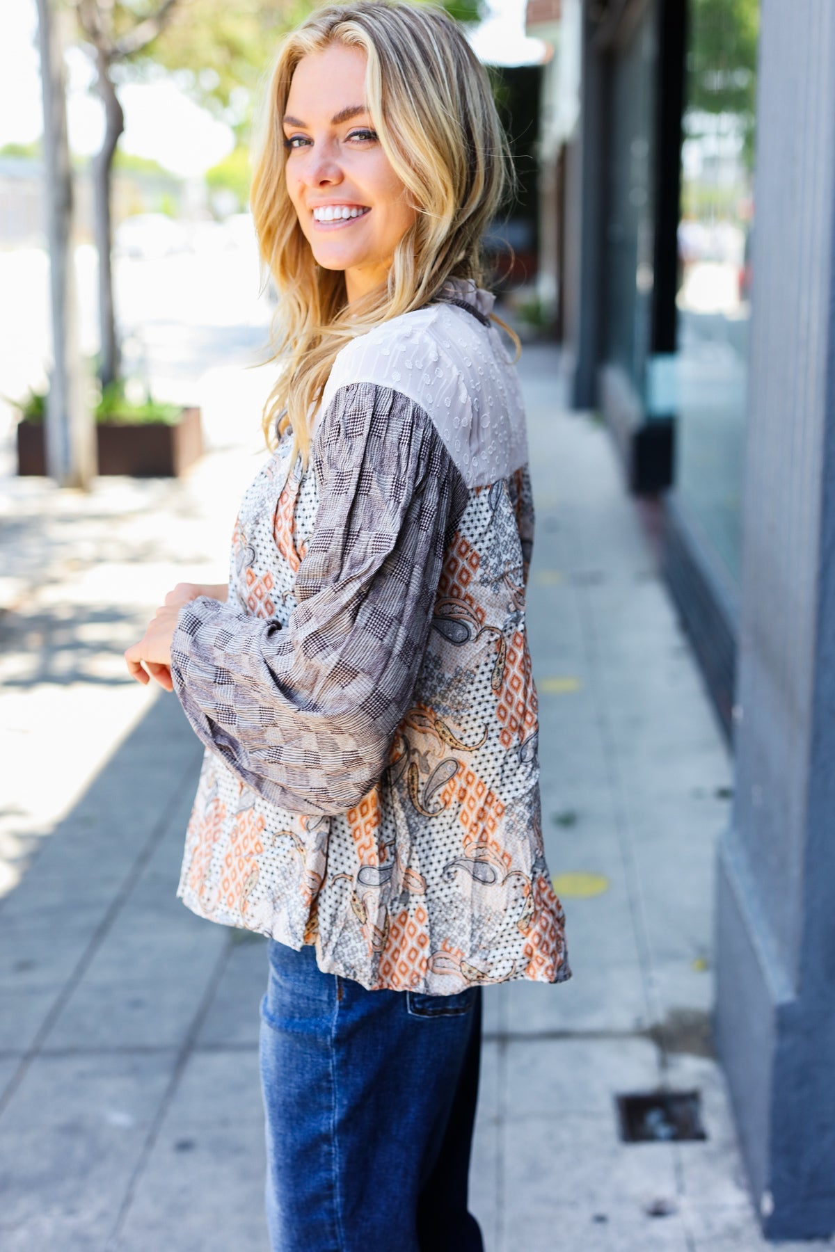 Taupe Paisley Houndstooth Mock Neck Top