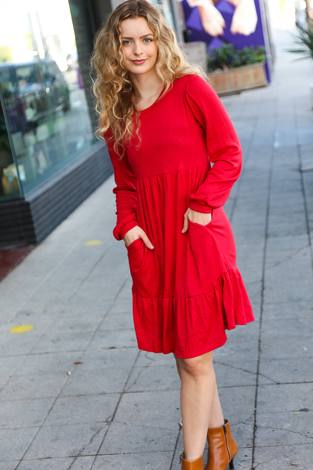 Red Hacci Fit & Flare Ruffle Dress