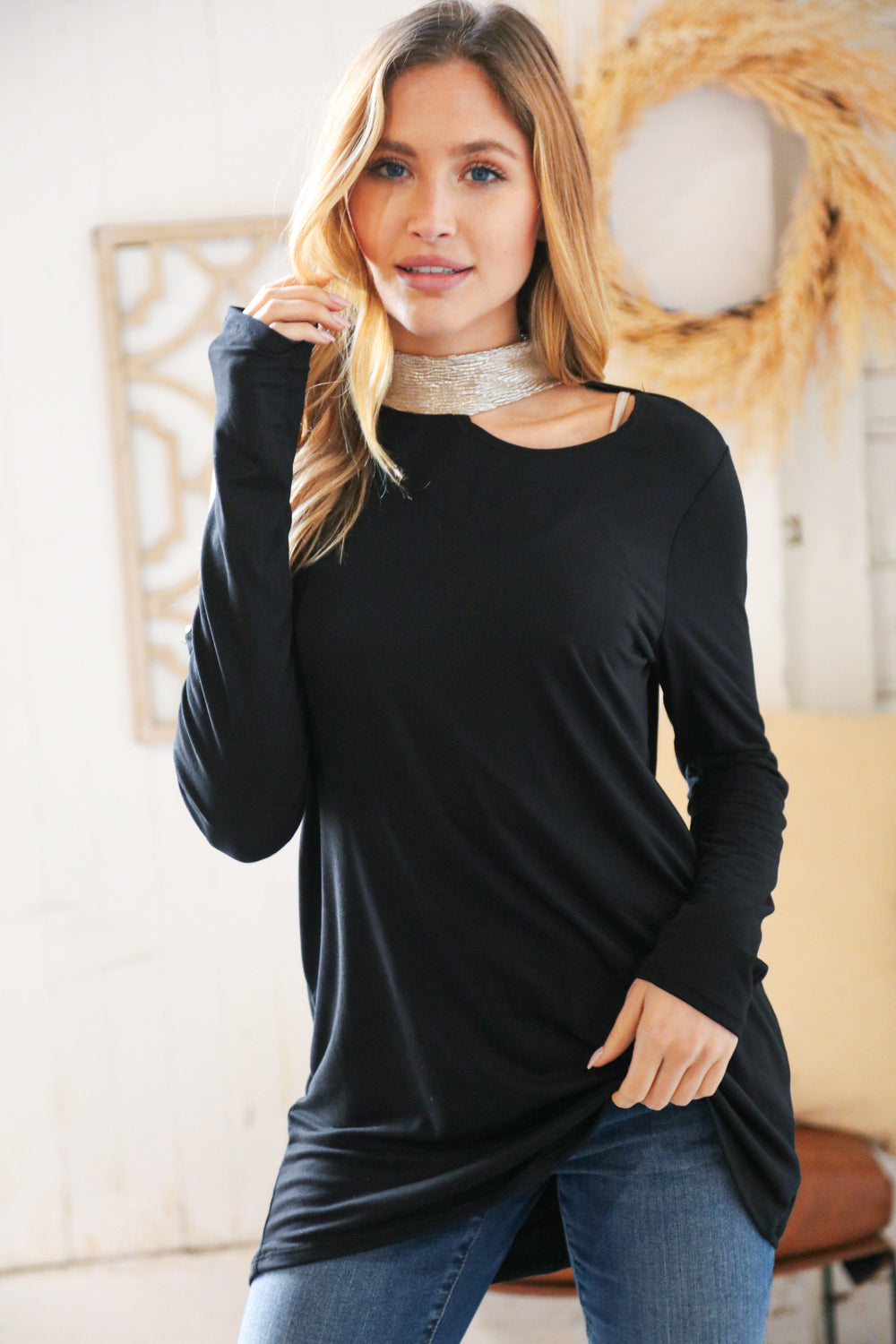 Shimmer Foil Neck Band Cold Shoulder Top