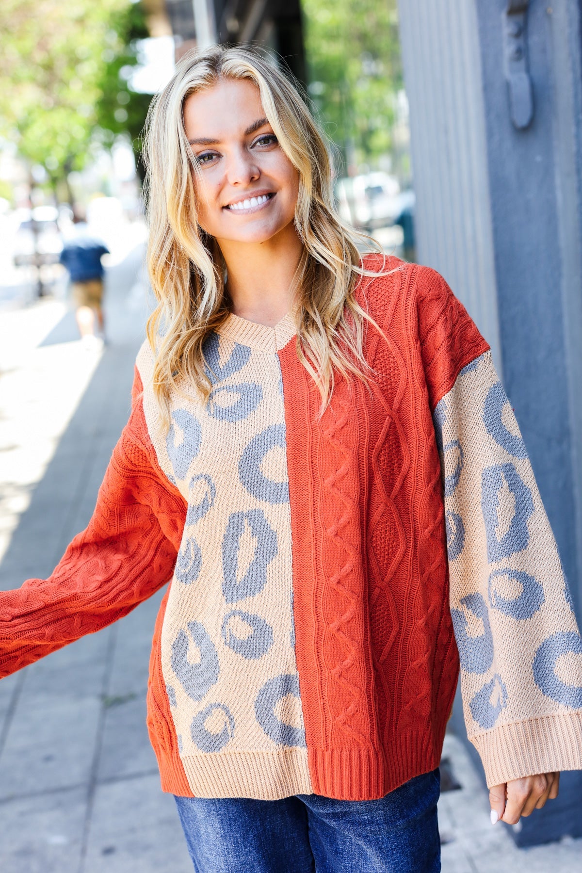 Rust & Taupe Animal Cable Knit Color Block Sweater