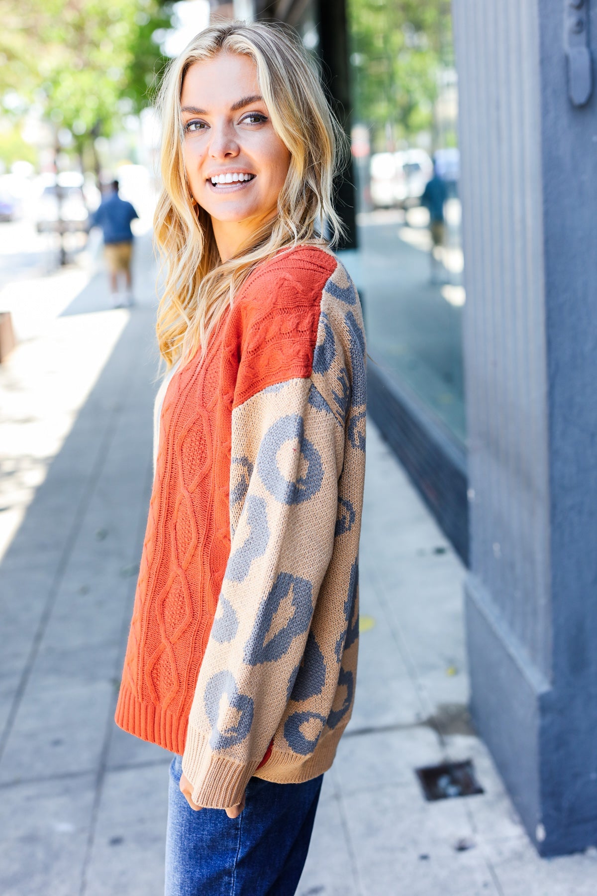 Rust & Taupe Animal Cable Knit Color Block Sweater