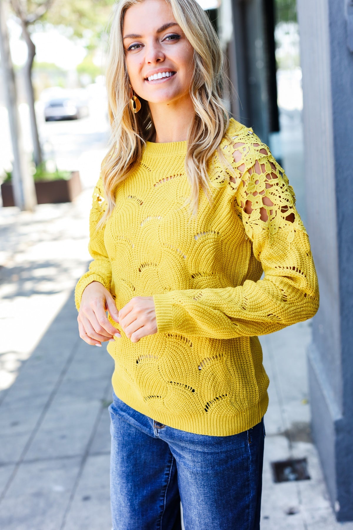 Yellow Pointelle Lace Shoulder Knit Sweater