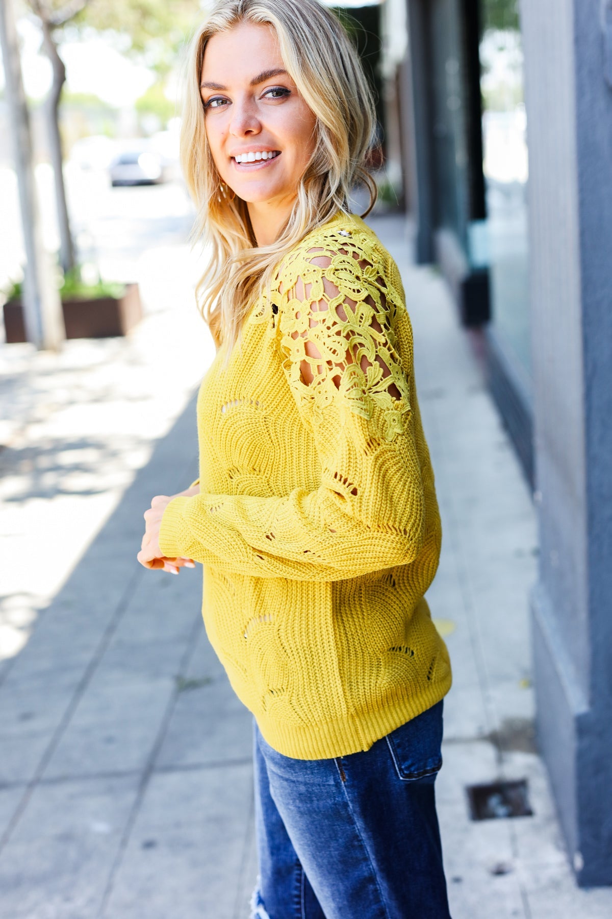 Yellow Pointelle Lace Shoulder Knit Sweater