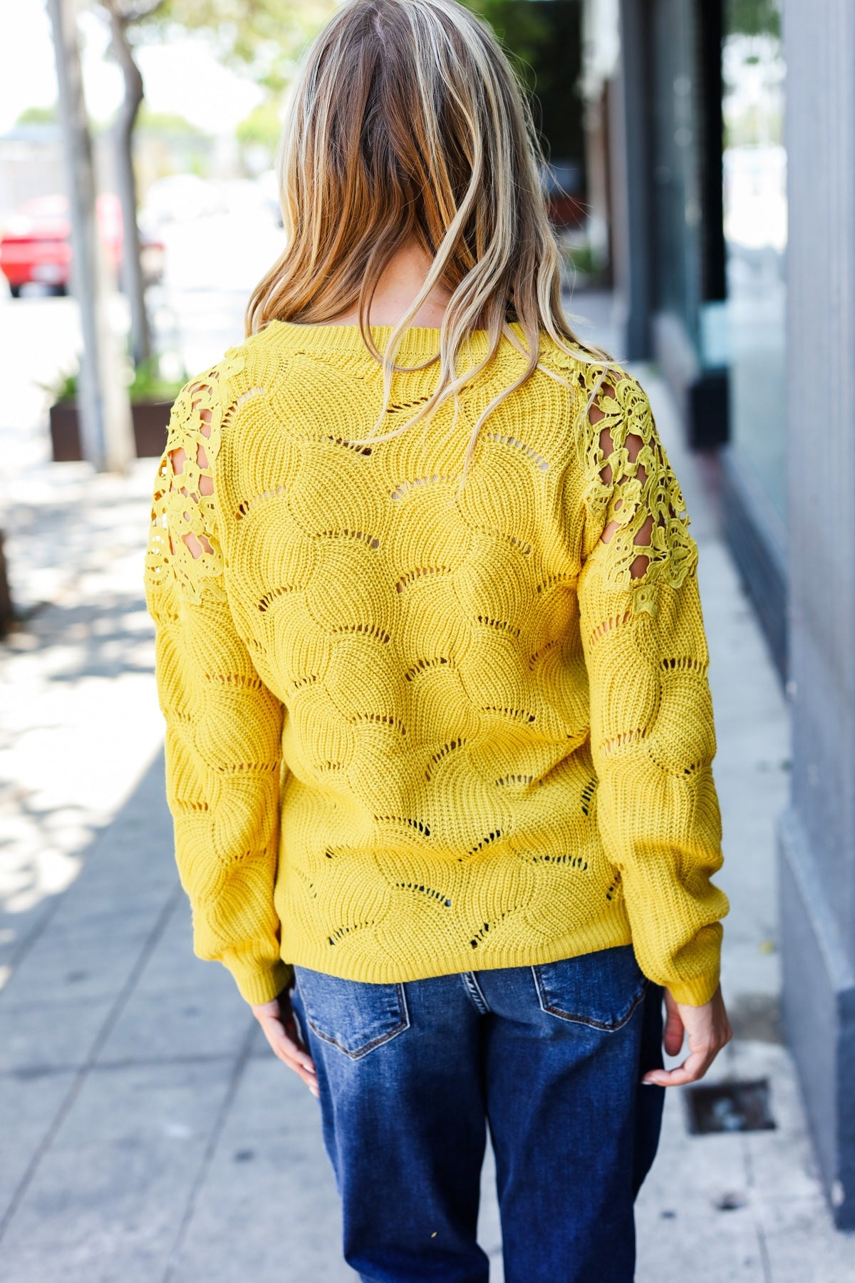 Yellow Pointelle Lace Shoulder Knit Sweater