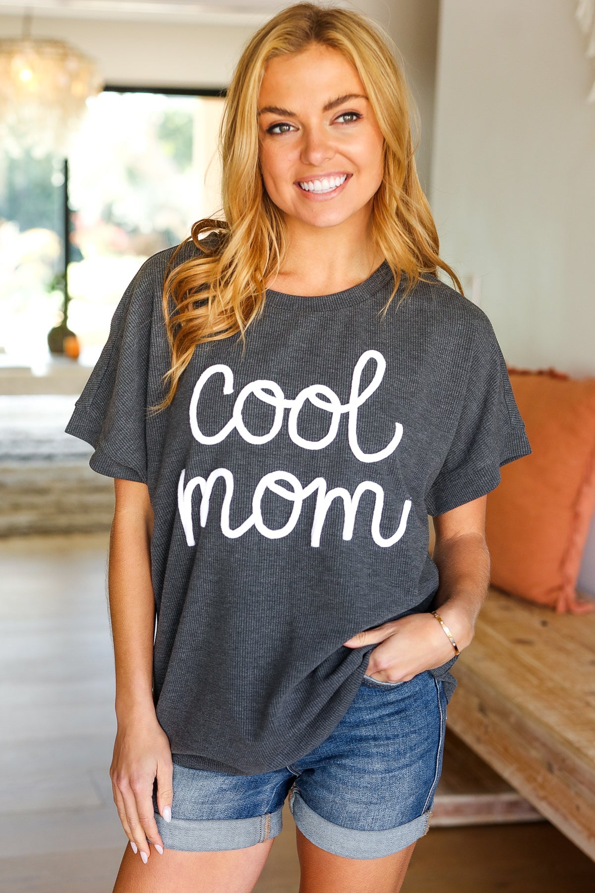 Charcoal "Cool Mom" Embroidery Pop-Up Rib Dolman Top
