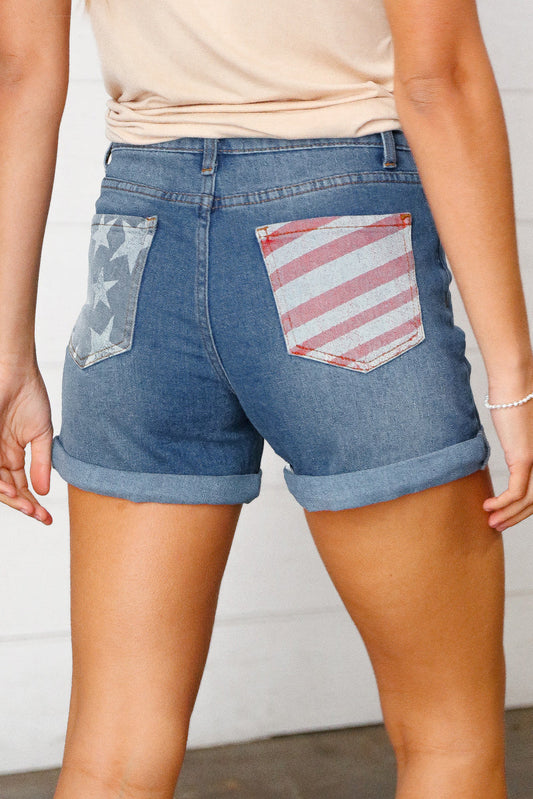 Patriotic Pocket Cuffed Hem Denim Shorts