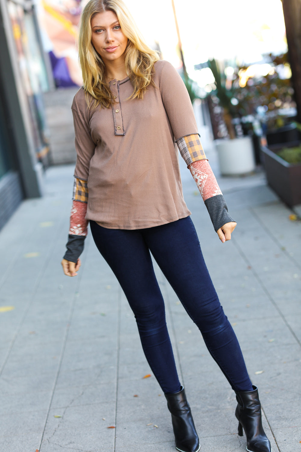 Taupe Thermal Button Down Colorblock Top