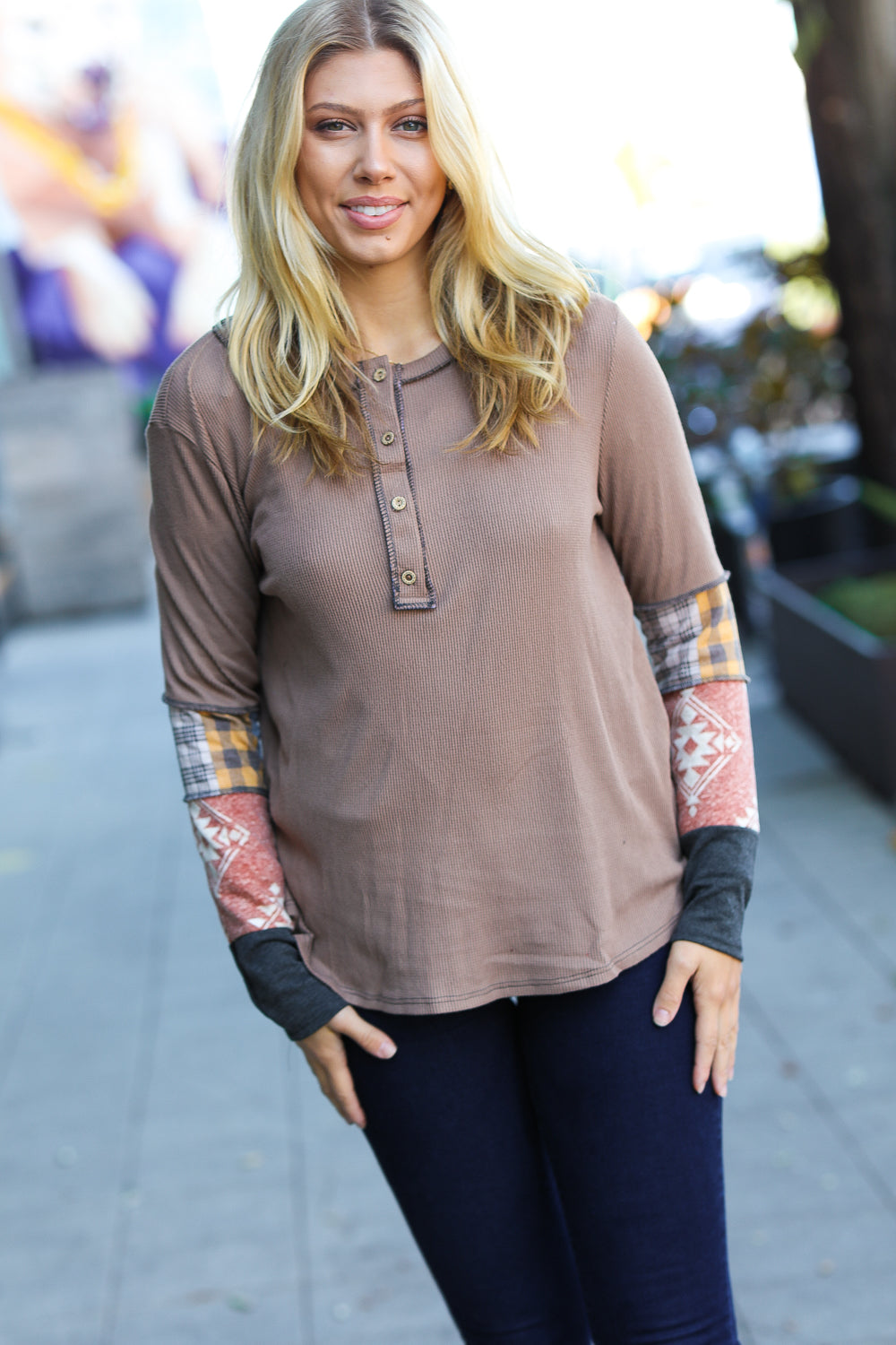 Taupe Thermal Button Down Colorblock Top