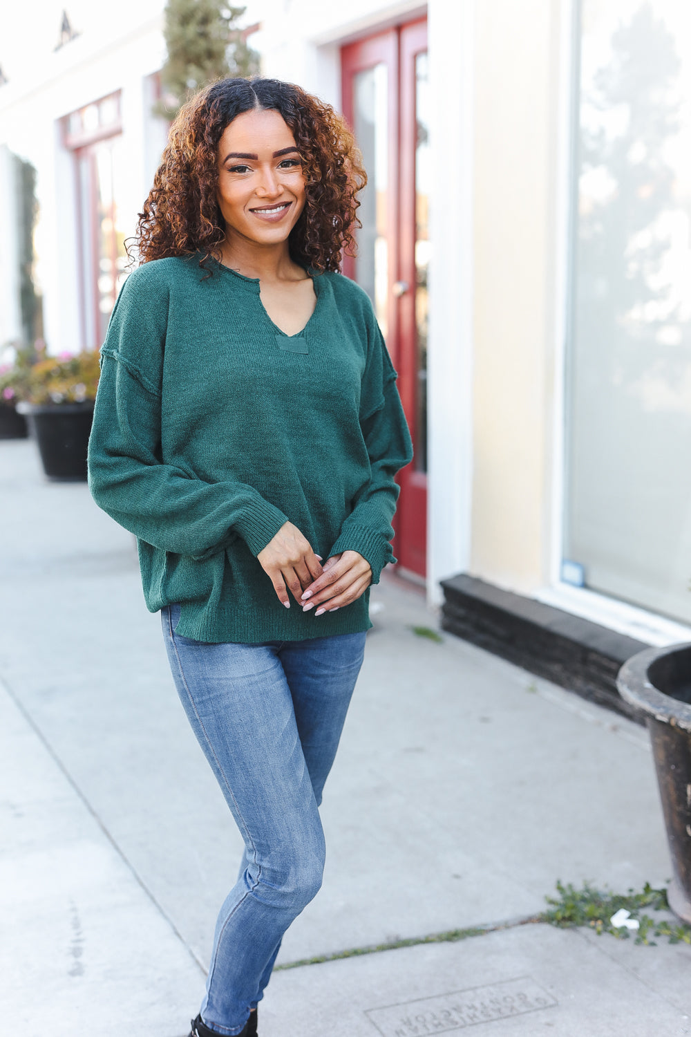 Hunter Green Notched Neck With Patch Oversized Sweater