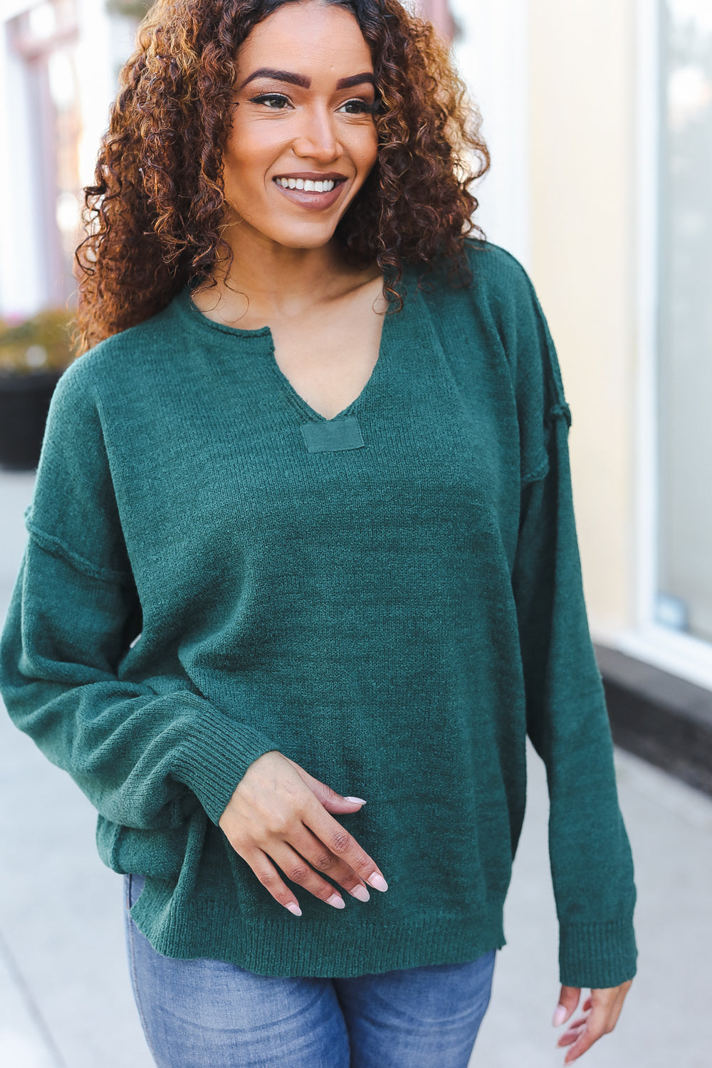 Hunter Green Notched Neck With Patch Oversized Sweater