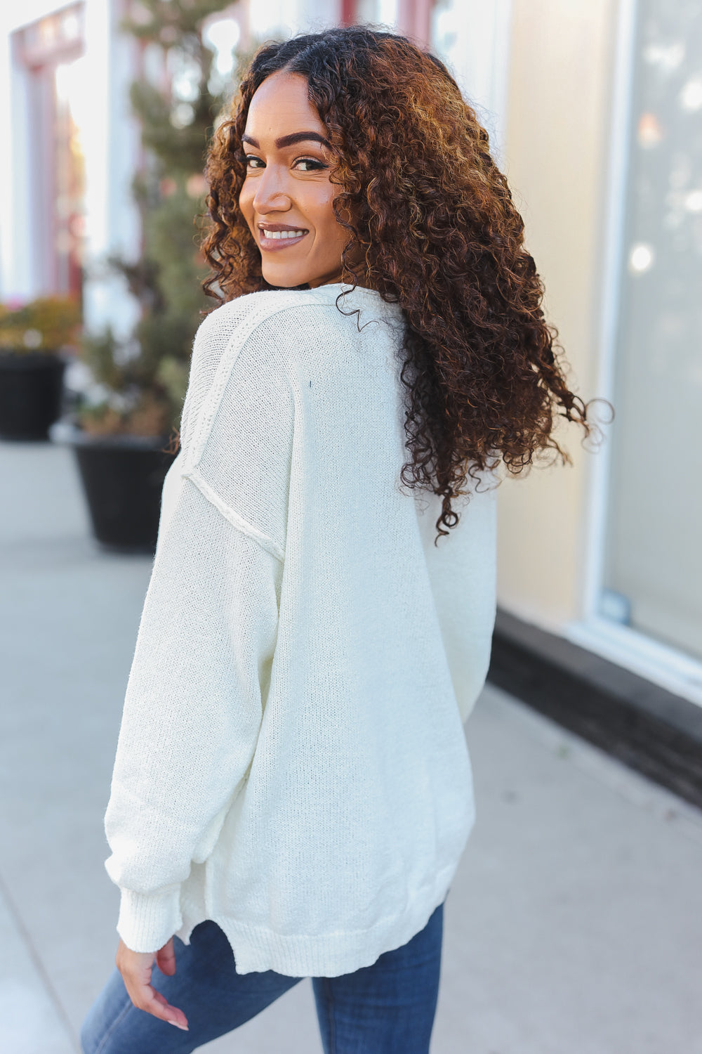 Ivory Notched Neck With Patch Oversized Sweater