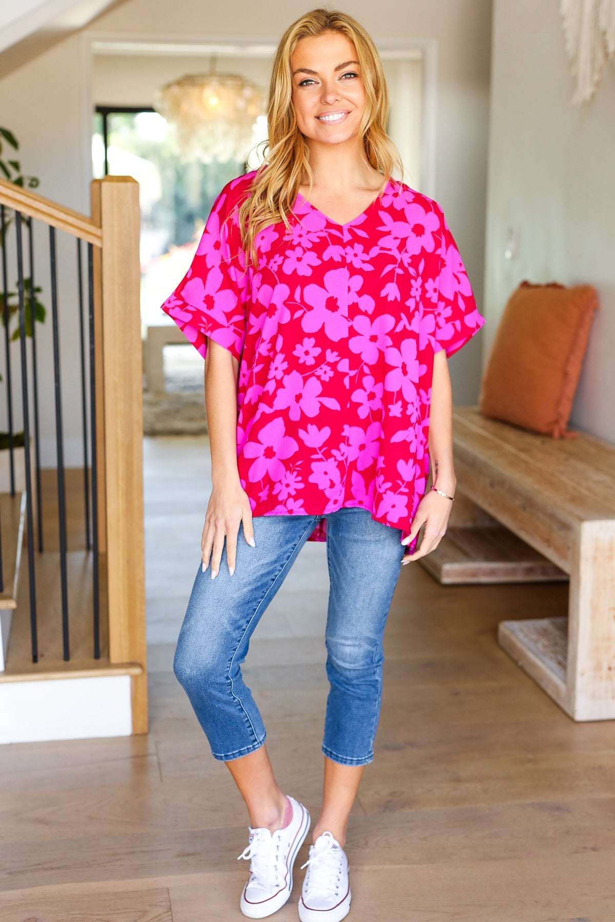 Magenta Floral V Neck Woven Top