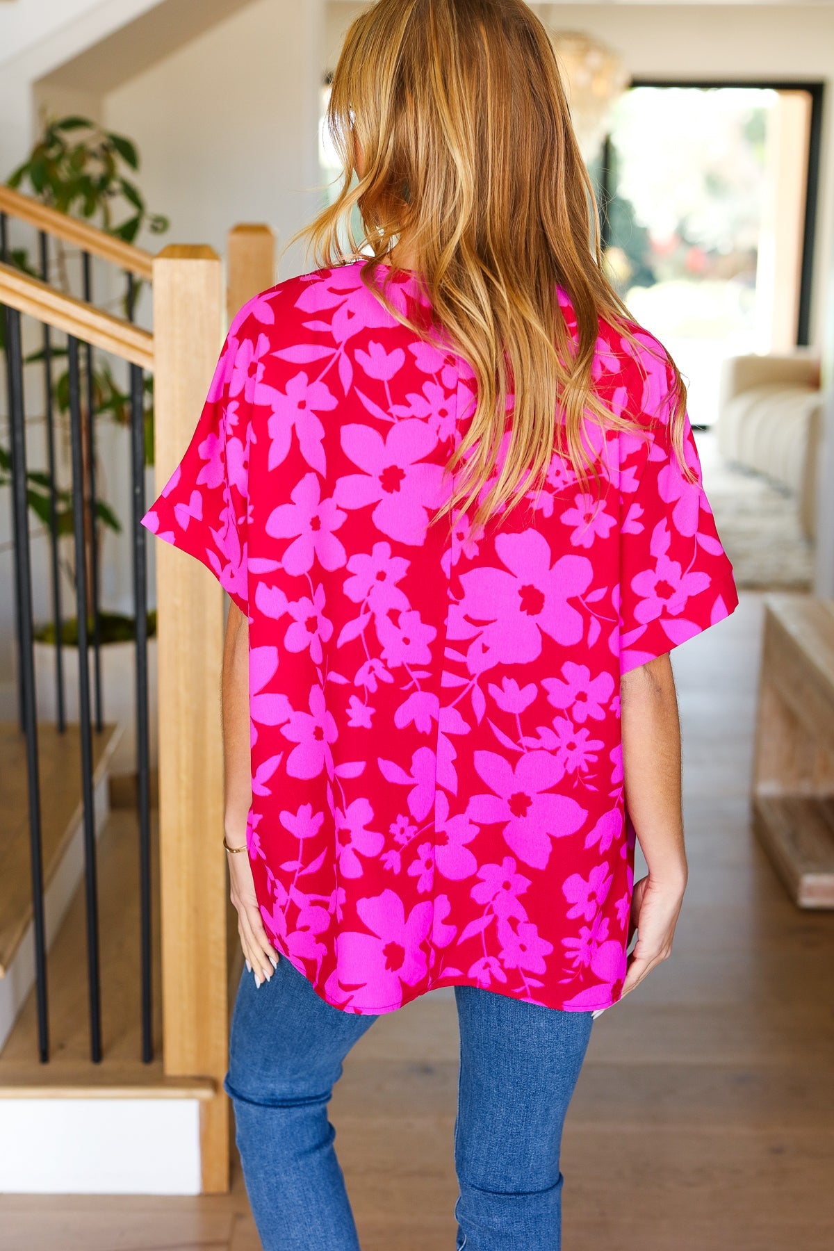 Magenta Floral V Neck Woven Top