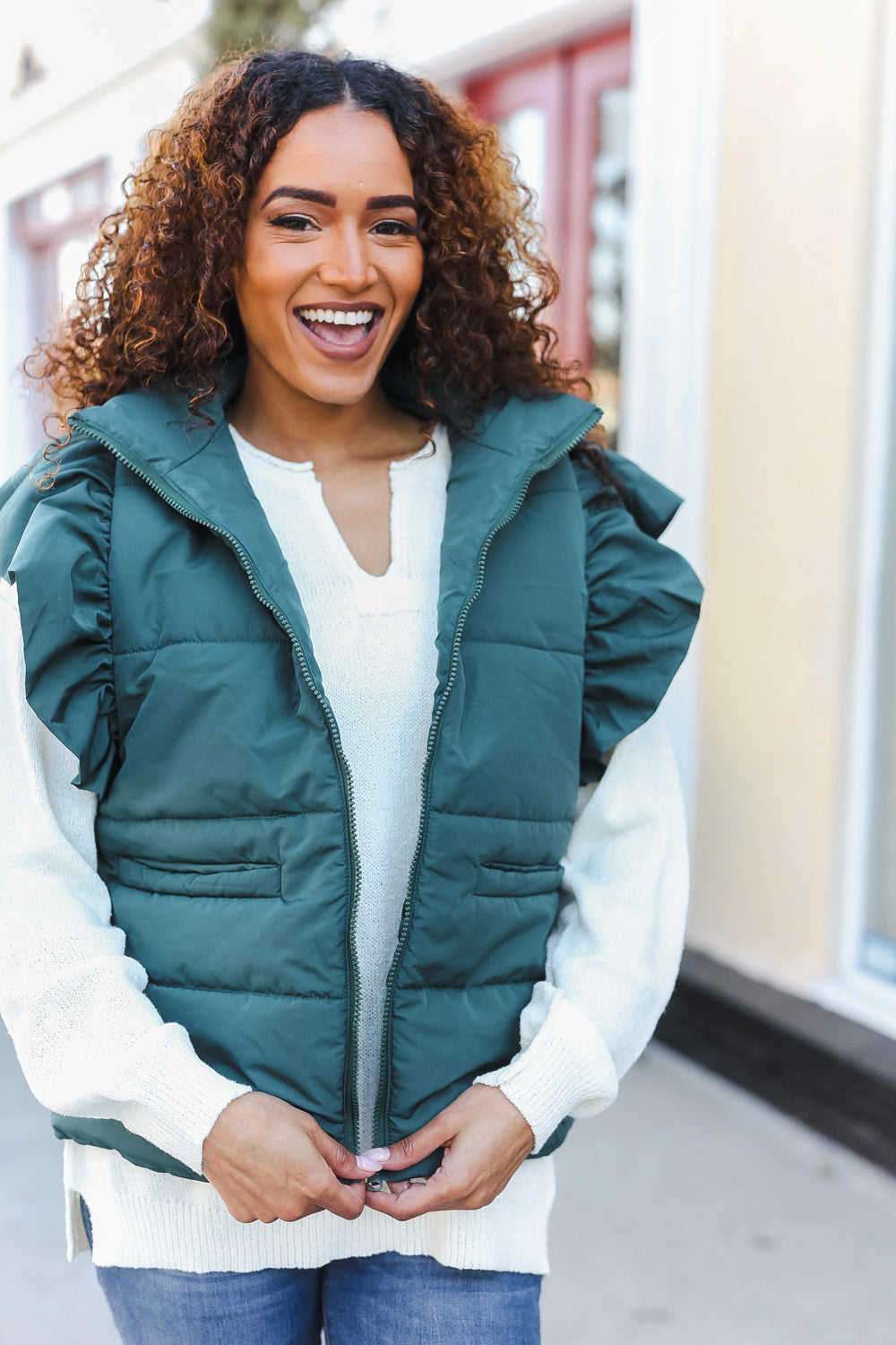 Hunter Green Zipper Up Quilted Ruffle Sleeve Puffer Vest