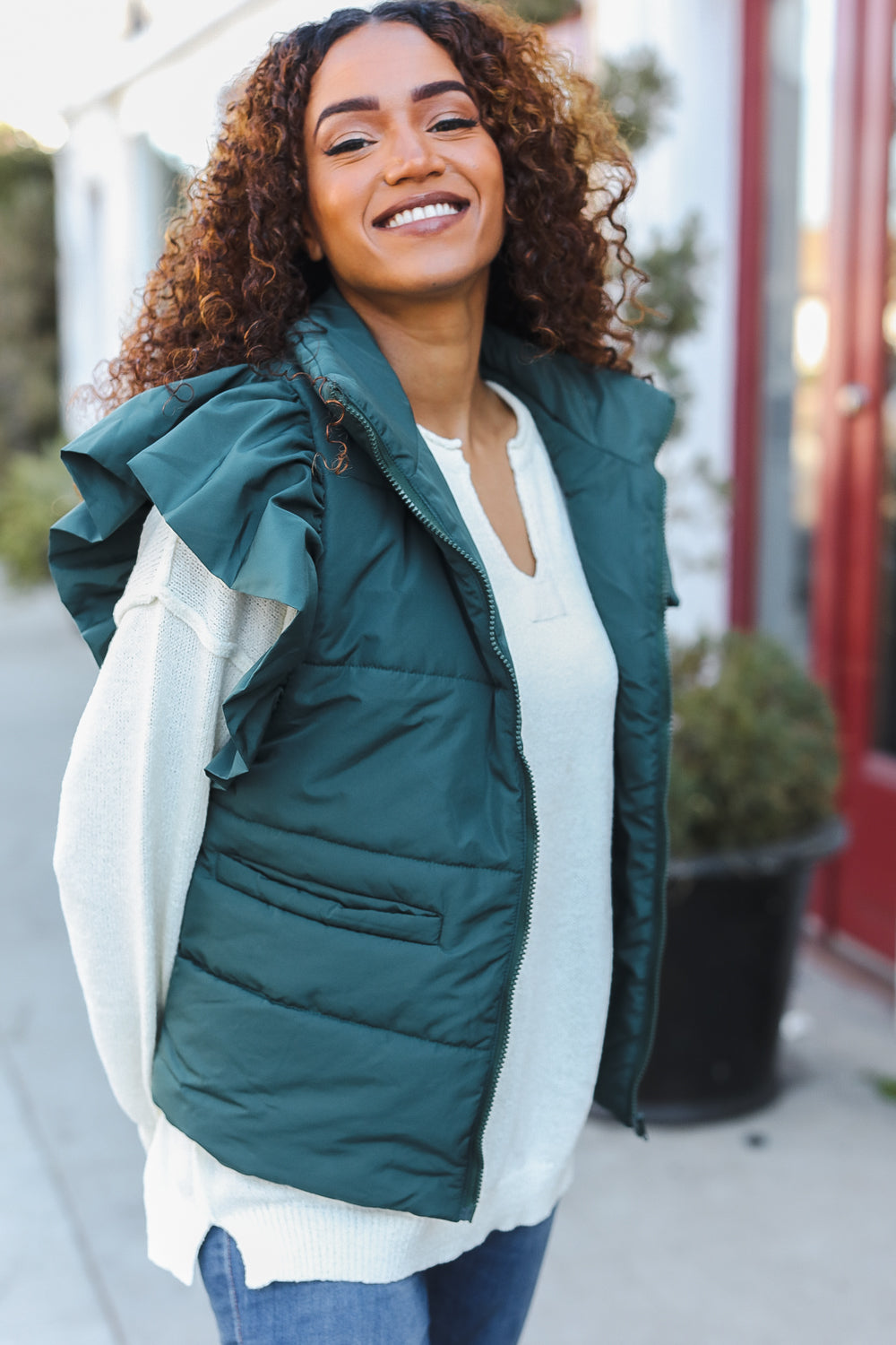 Hunter Green Zipper Up Quilted Ruffle Sleeve Puffer Vest