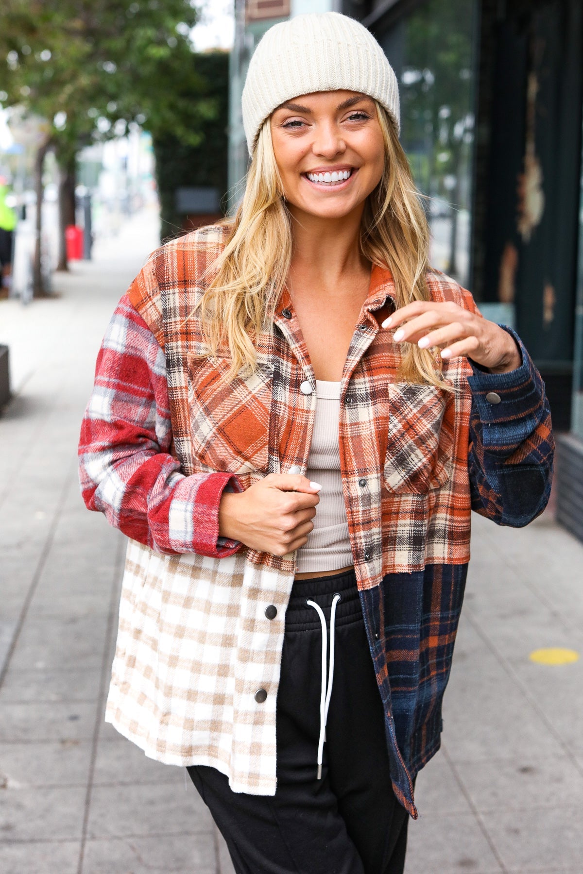 Muticolor Plaid Color Block Snap Button Shacket