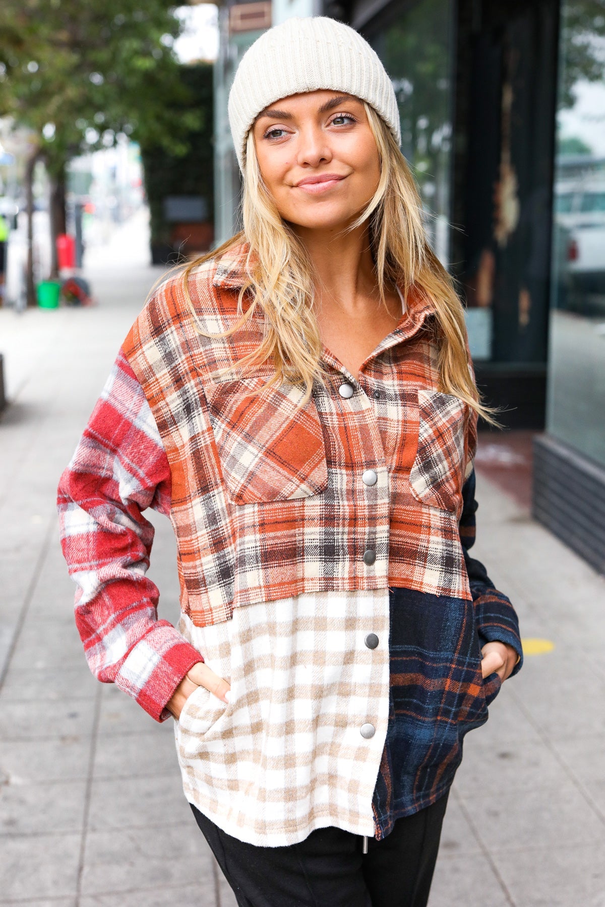 Muticolor Plaid Color Block Snap Button Shacket