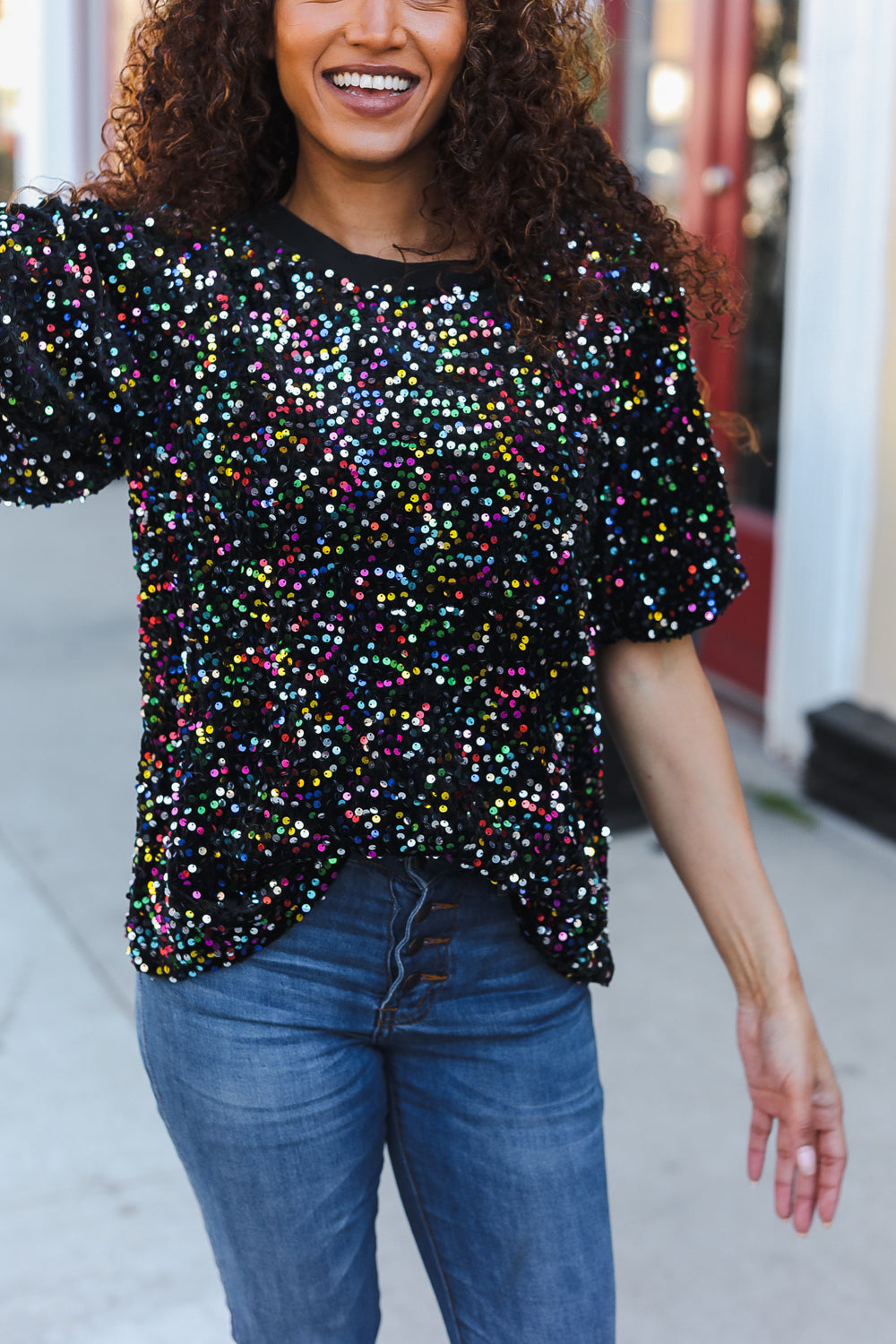 Black Velvet Multicolor Sequin Puff Sleeve Top