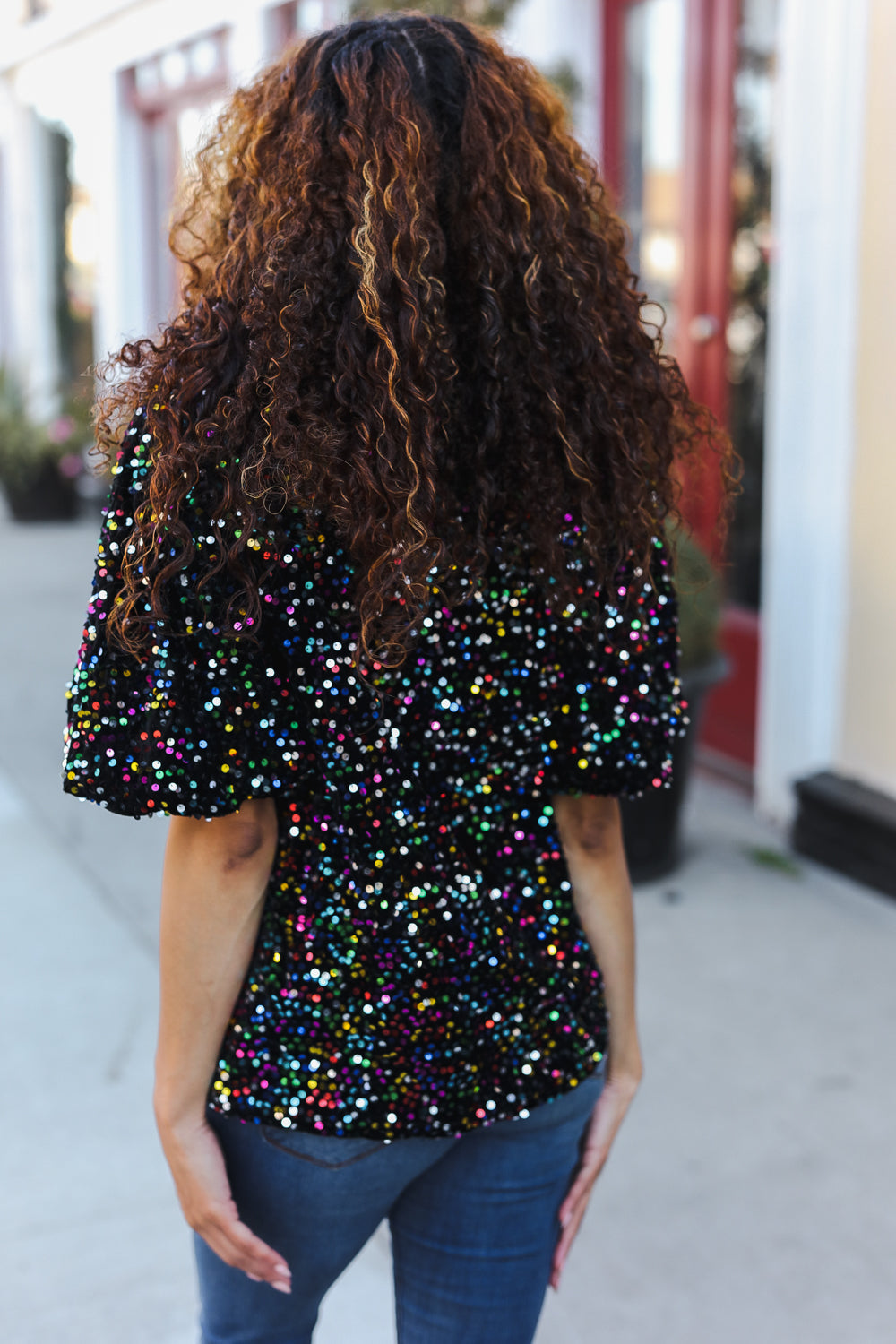 Black Velvet Multicolor Sequin Puff Sleeve Top