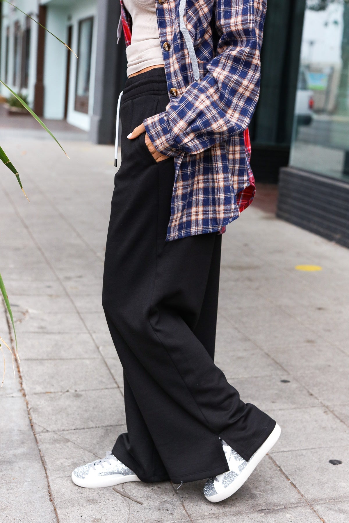 Black Scuba Knit Drawstring Wide Leg Pants