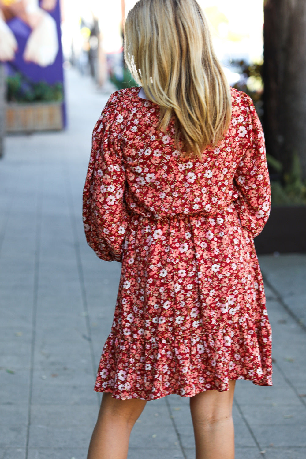 Burgundy Floral V Neck Dress